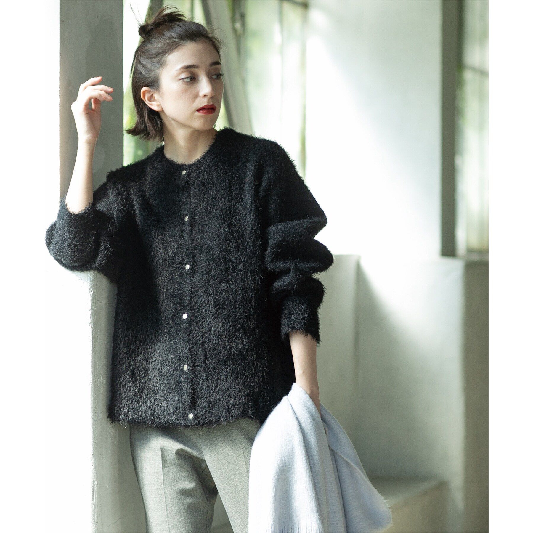OPAQUE.CLIP「《BAILA掲載》シャギーニットミドルカーディガン【洗濯機洗い可】」|カーディガン|ブラック(019)