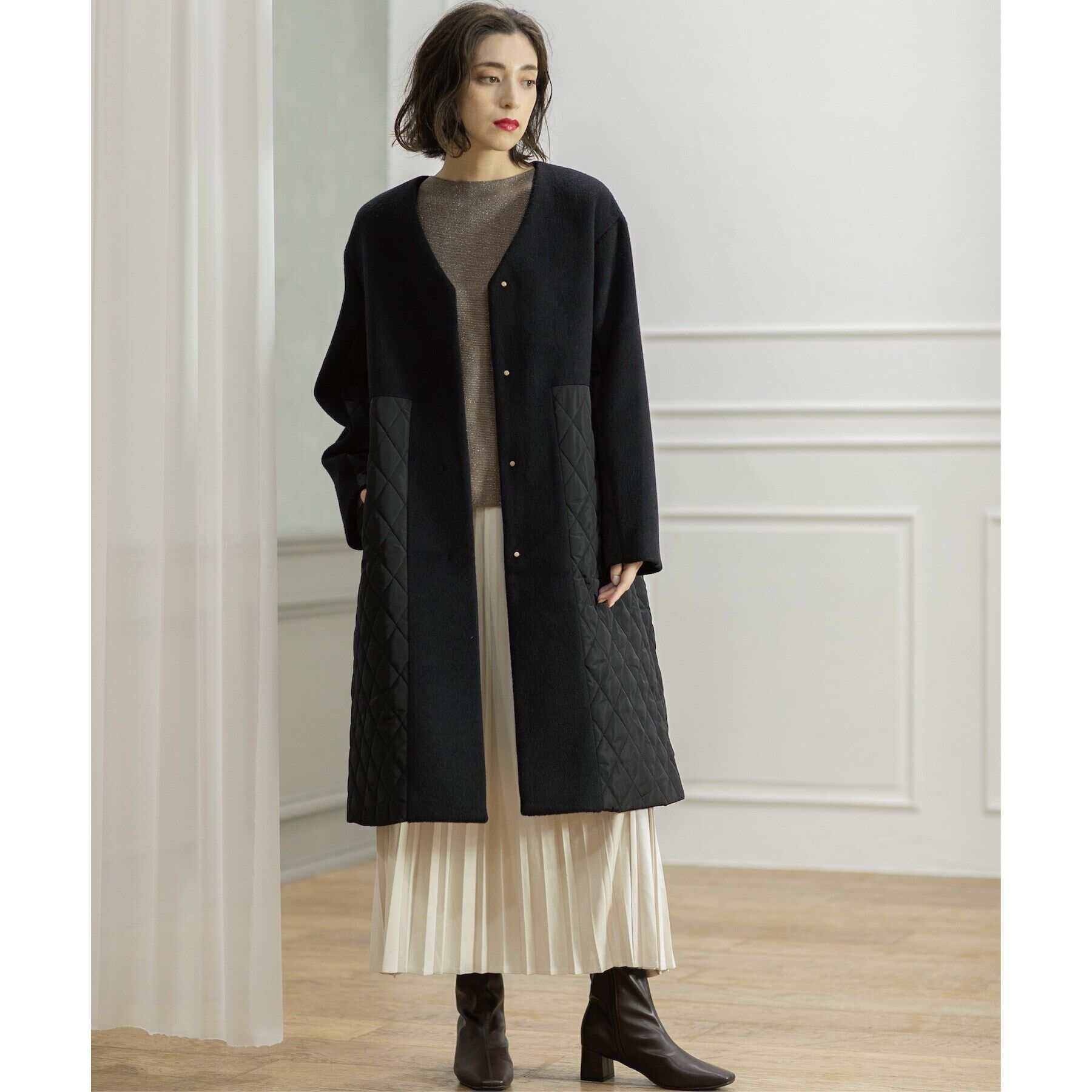 OPAQUE.CLIP「《S-LLsize》ウールカシミヤブレンド キルティングドッキングコート」|ノーカラーコート|