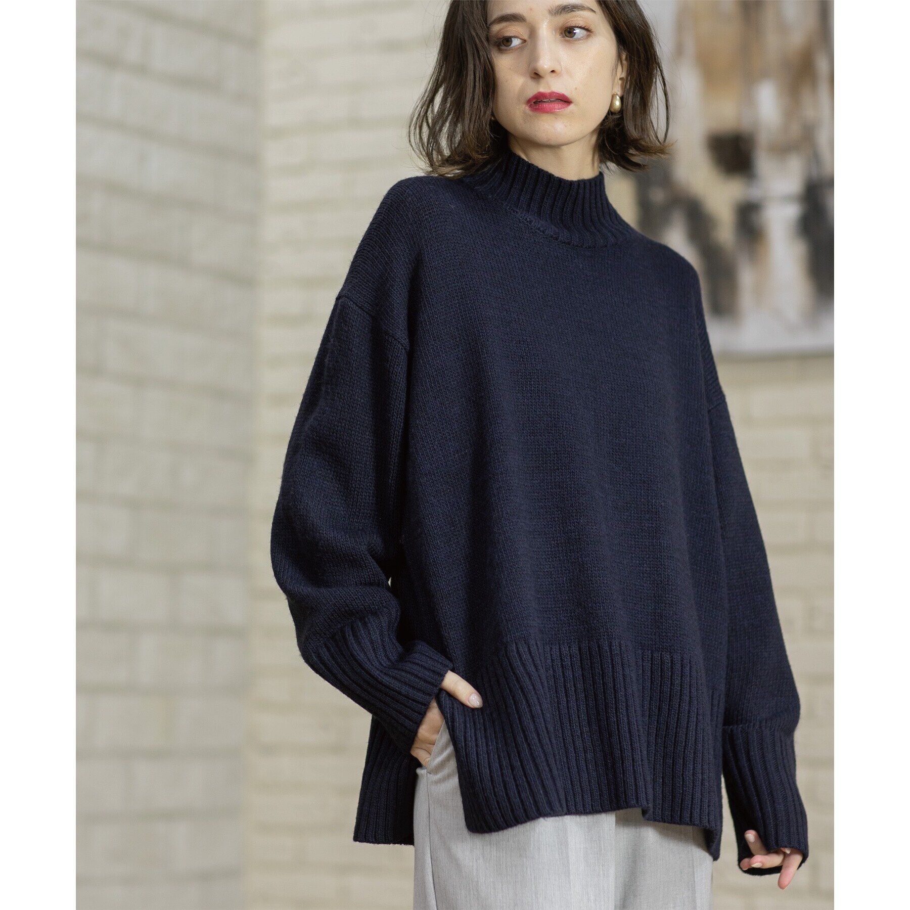 OPAQUE.CLIP「《10color/S-LLsize》ハイネックミドルゲージニット【洗濯機洗い可】」|ニット・セーター|ネイビー(894)