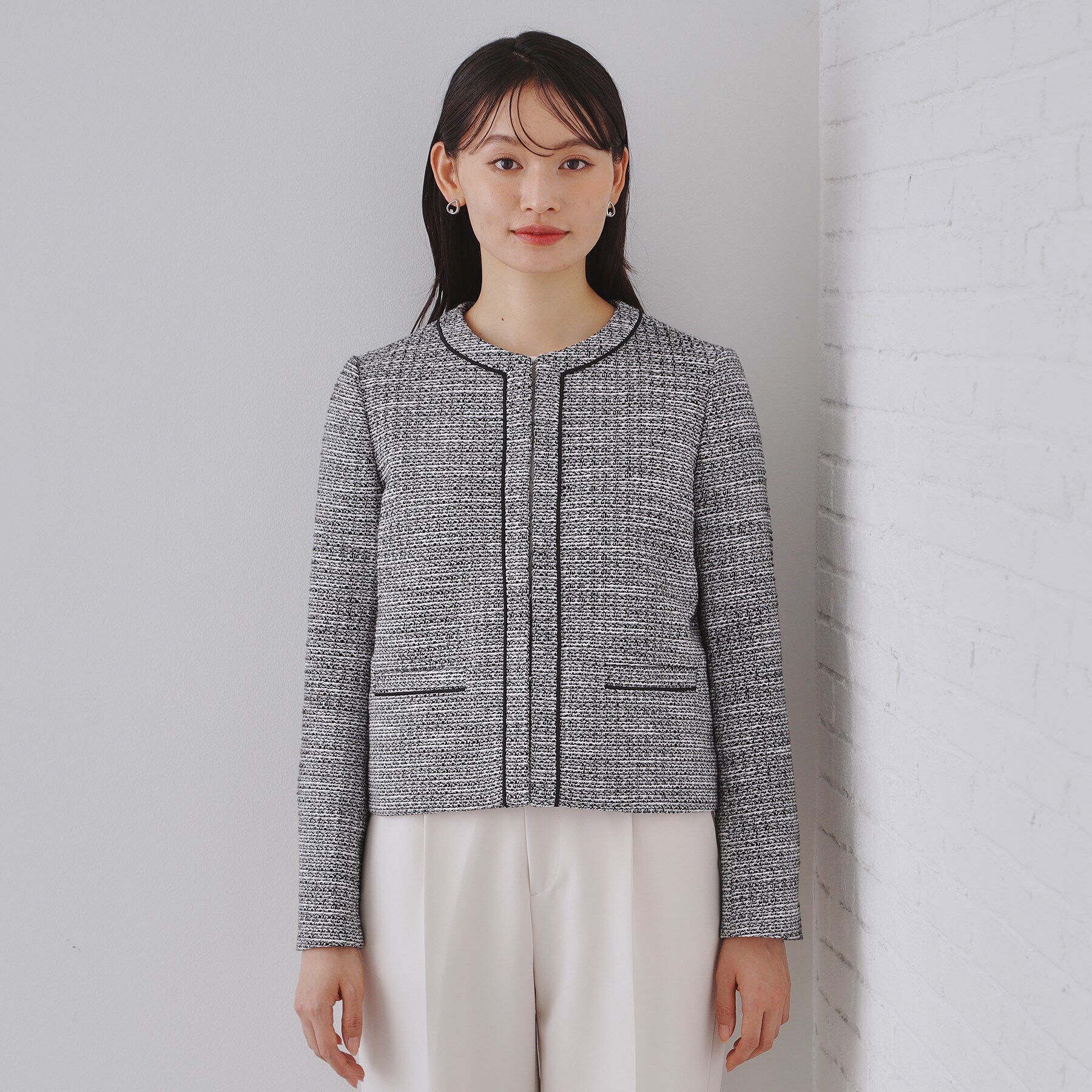 OPAQUE.CLIP「《通勤・セレモニー対応》コットンツイードジャケット」|ノーカラージャケット|