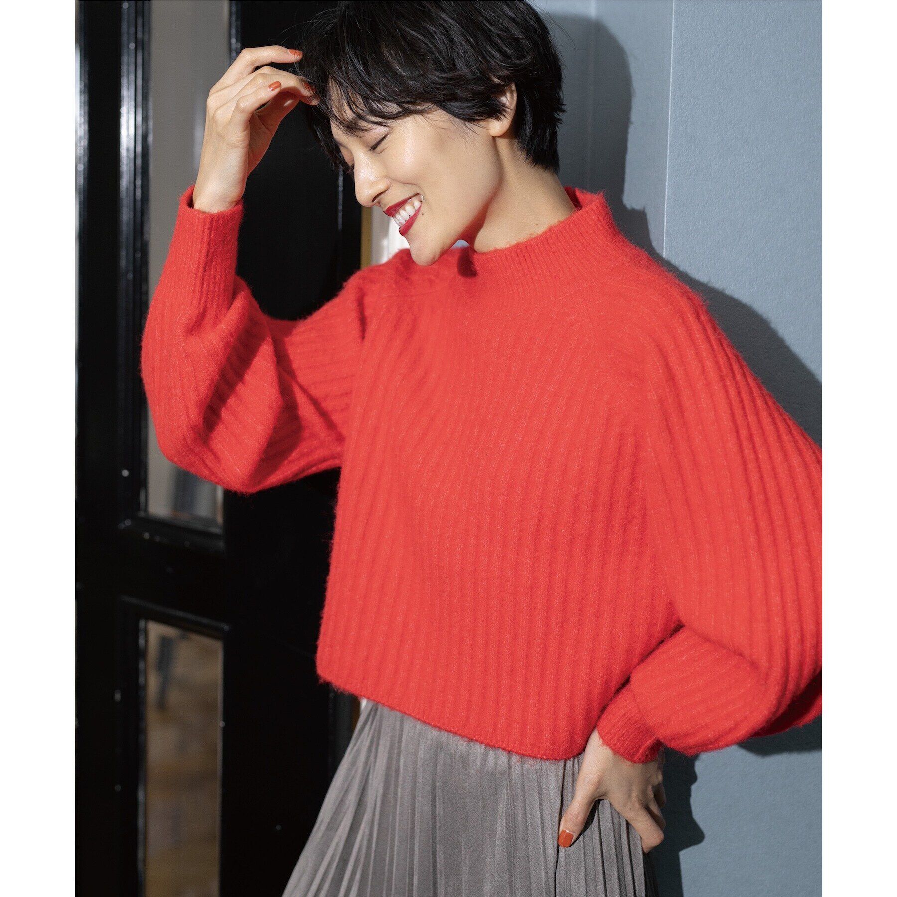 OPAQUE.CLIP「《美人百花掲載》ミドルゲージショートワイドリブニット【洗濯機洗い可】」|ニット・セーター|レッド(062)