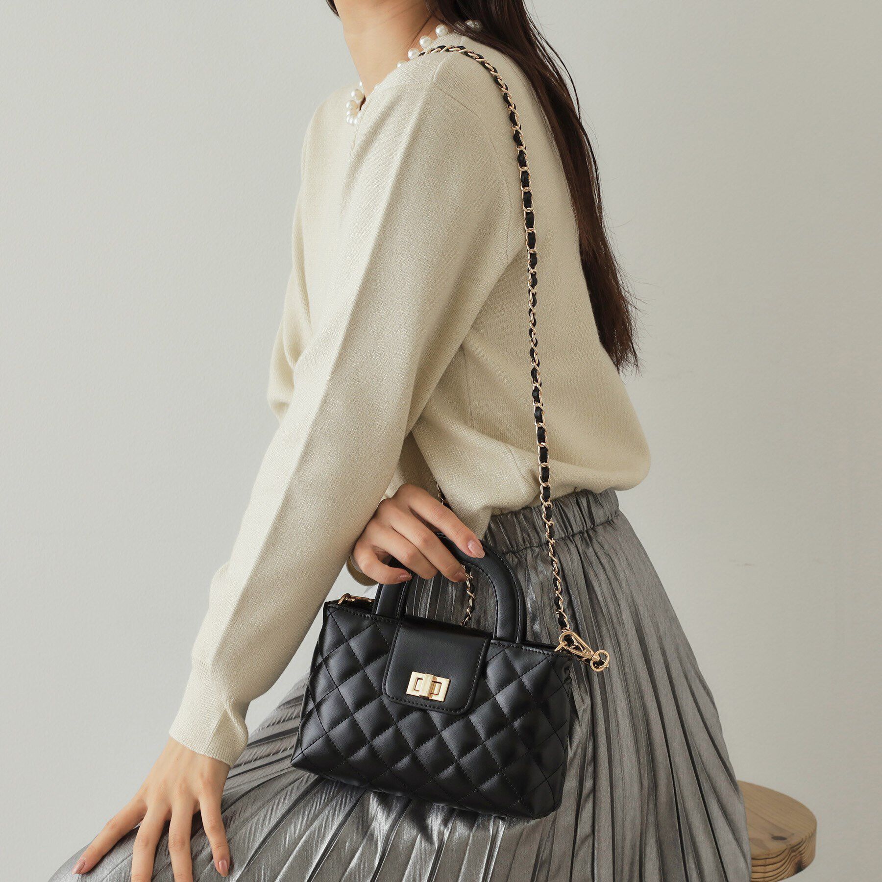 OPAQUE.CLIP「【2WAY】ダイヤキルティングデザインチェーンショルダーバッグ」|ショルダー・メッセンジャー|ブラック(619)