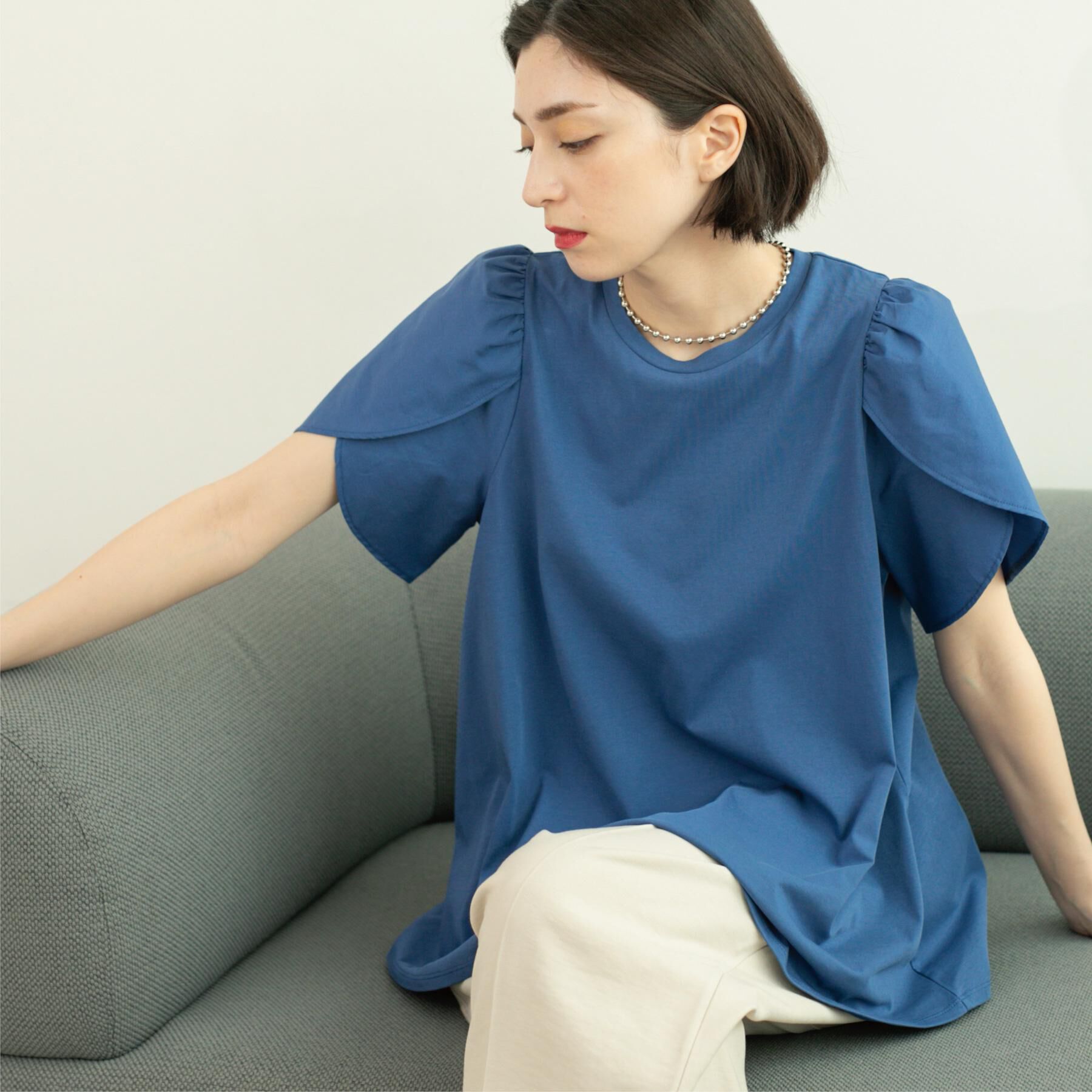 OPAQUE.CLIP「チューリップスリーブドッキングカットソー【洗濯機洗い可/接触冷感】」|Tシャツ・カットソー|ブルー(093)