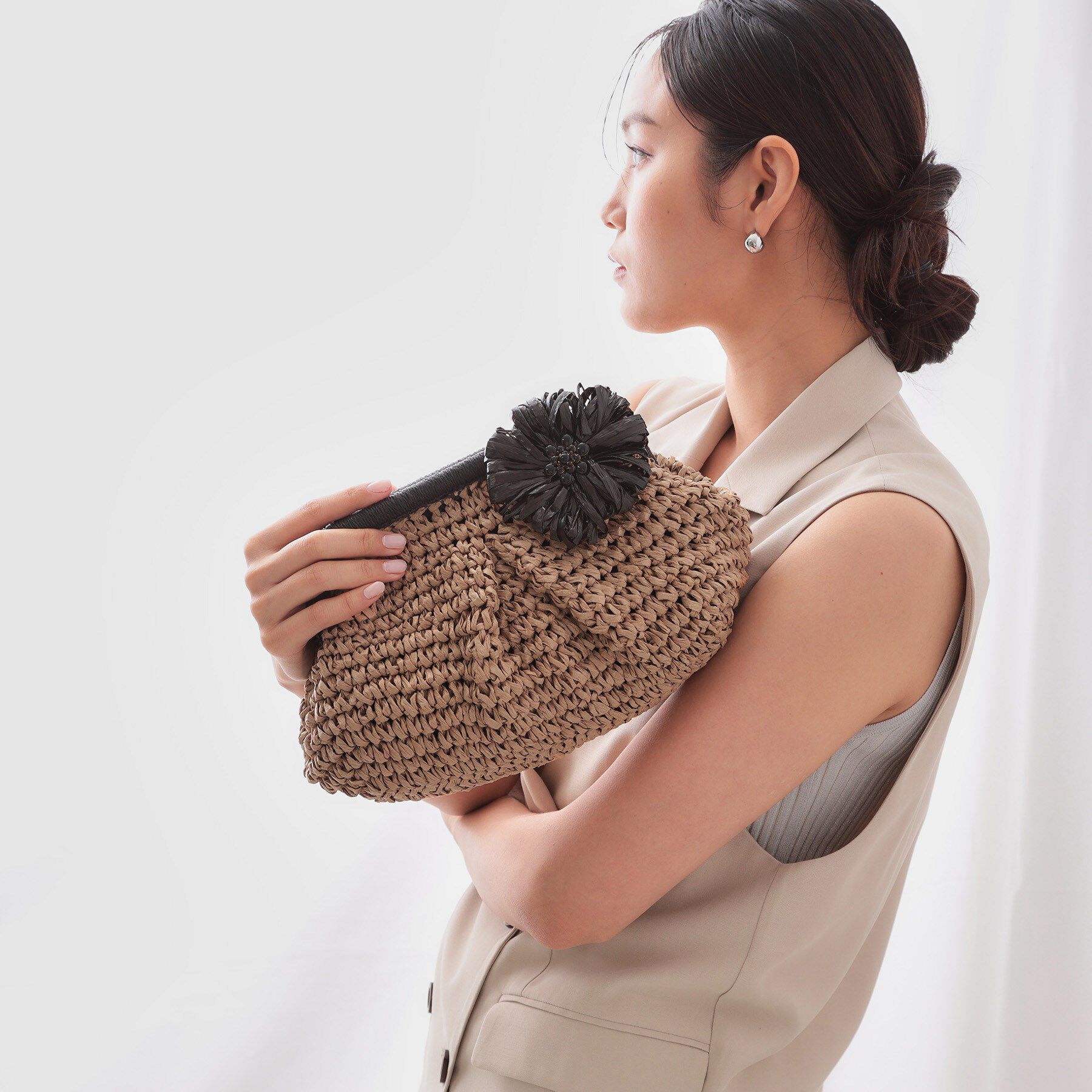 OPAQUE.CLIP「【3WAY】フラワークリップ付きがま口ペーパーショルダーバッグ」|ショルダー・メッセンジャー|ブラック(019)