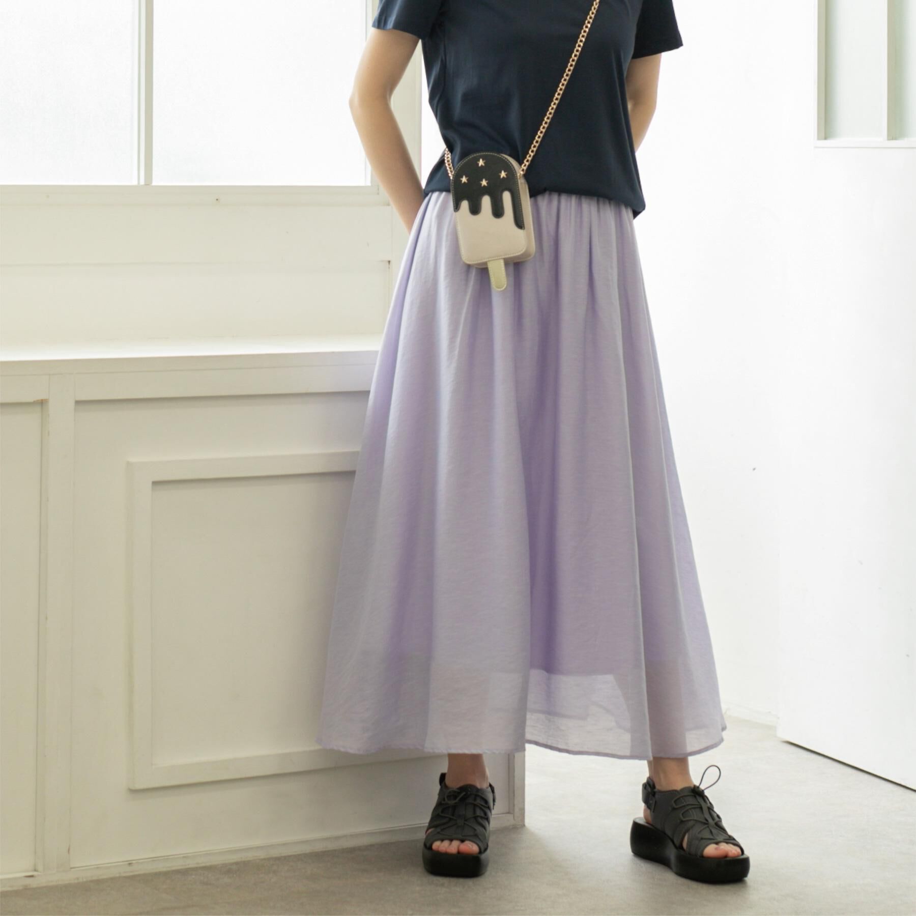 OPAQUE.CLIP「麻混シアーギャザーフレアスカート【洗濯機洗い可】」|スカート|ラベンダー(080)