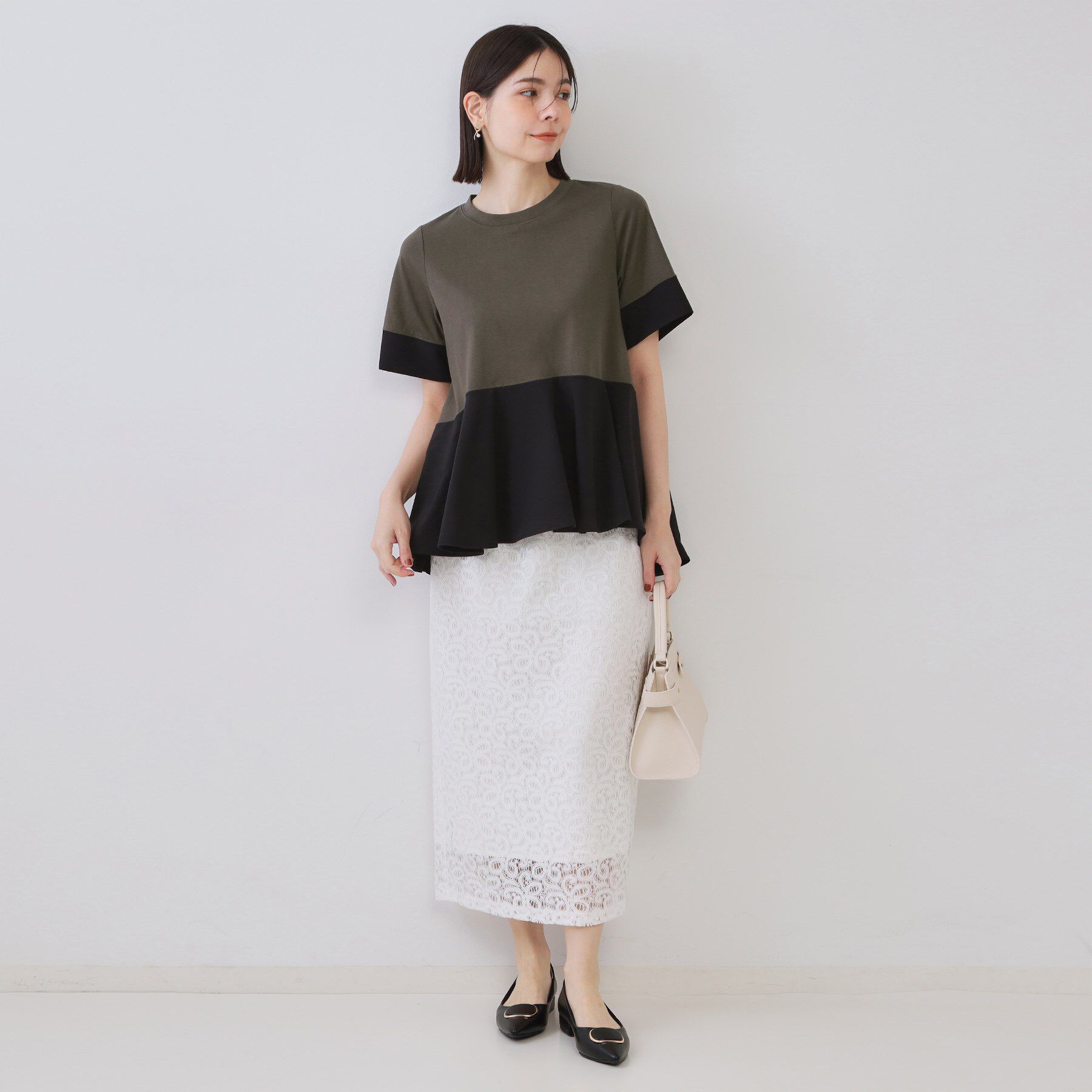 OPAQUE.CLIP「配色フハクドッキングペプラムトップス【洗濯機洗い可/抗ピル】」|Tシャツ・カットソー|