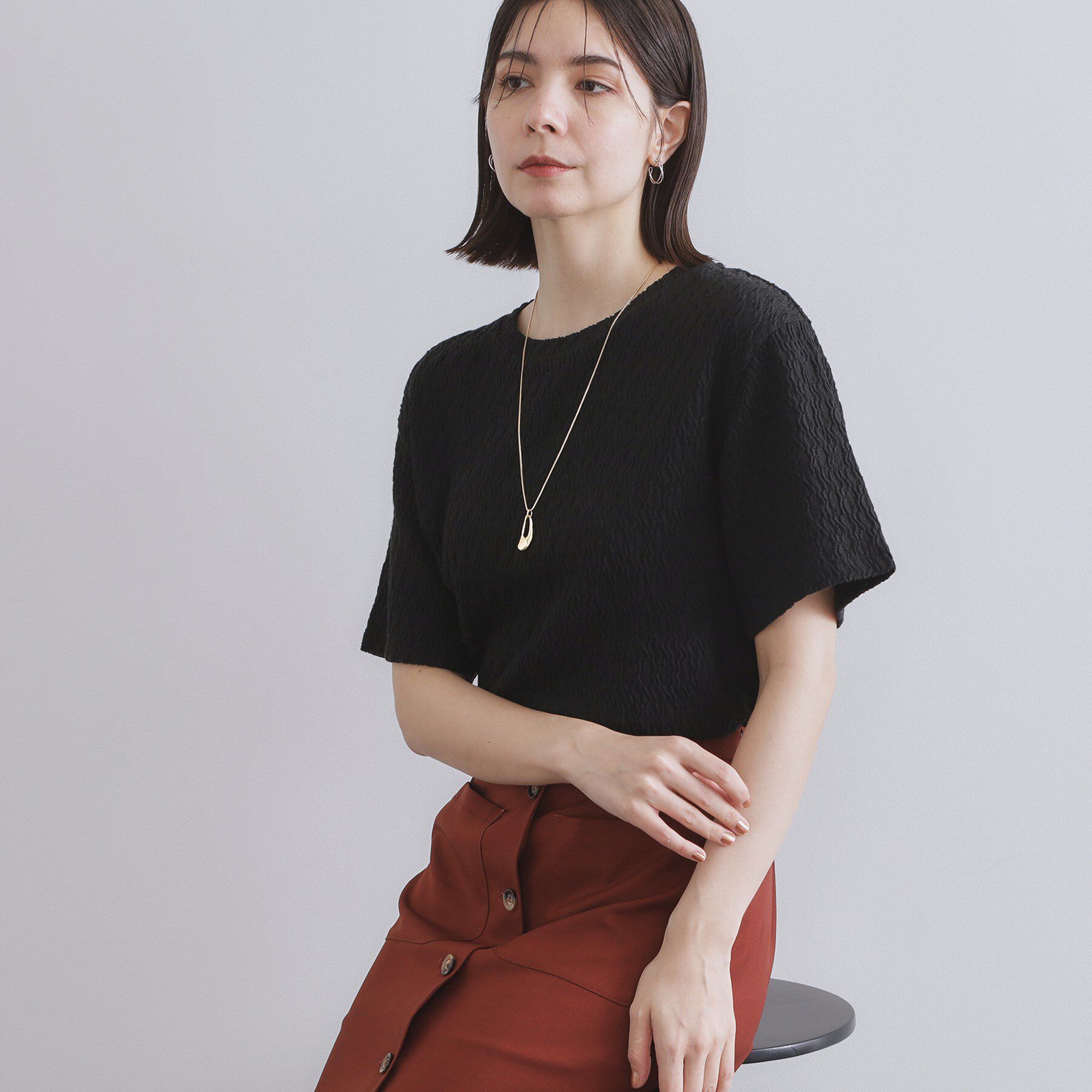 OPAQUE.CLIP「ふくれジャカードトップス【洗濯機洗い可】」|Tシャツ・カットソー|ブラック(019)