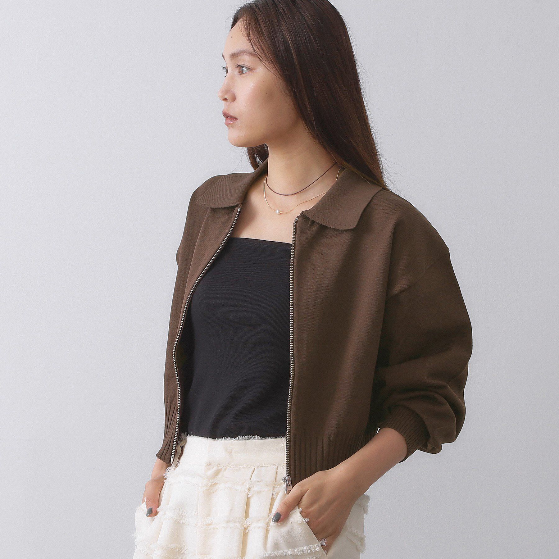 OPAQUE.CLIP「襟付きZIPアップニットカーディガン【洗濯機洗い可/抗ピル】」|カーディガン|