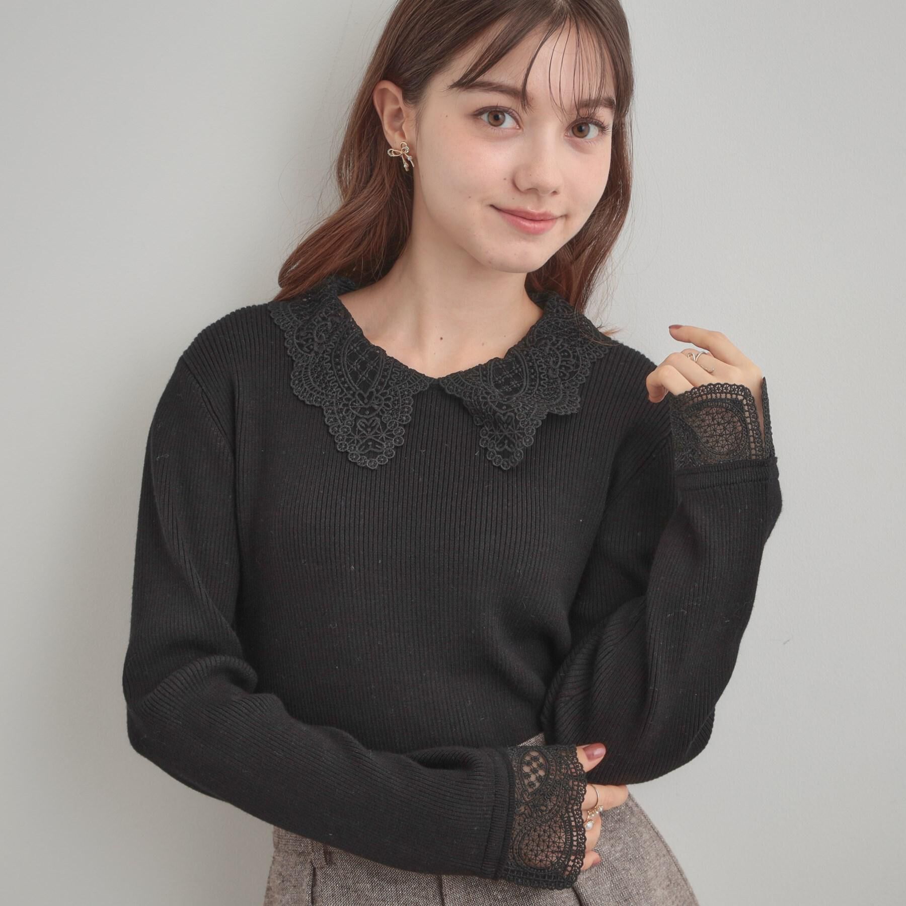 Couture broach「【着映え・フェミニン・通勤】レース衿カフス付きリブニット」|ニット・セーター|