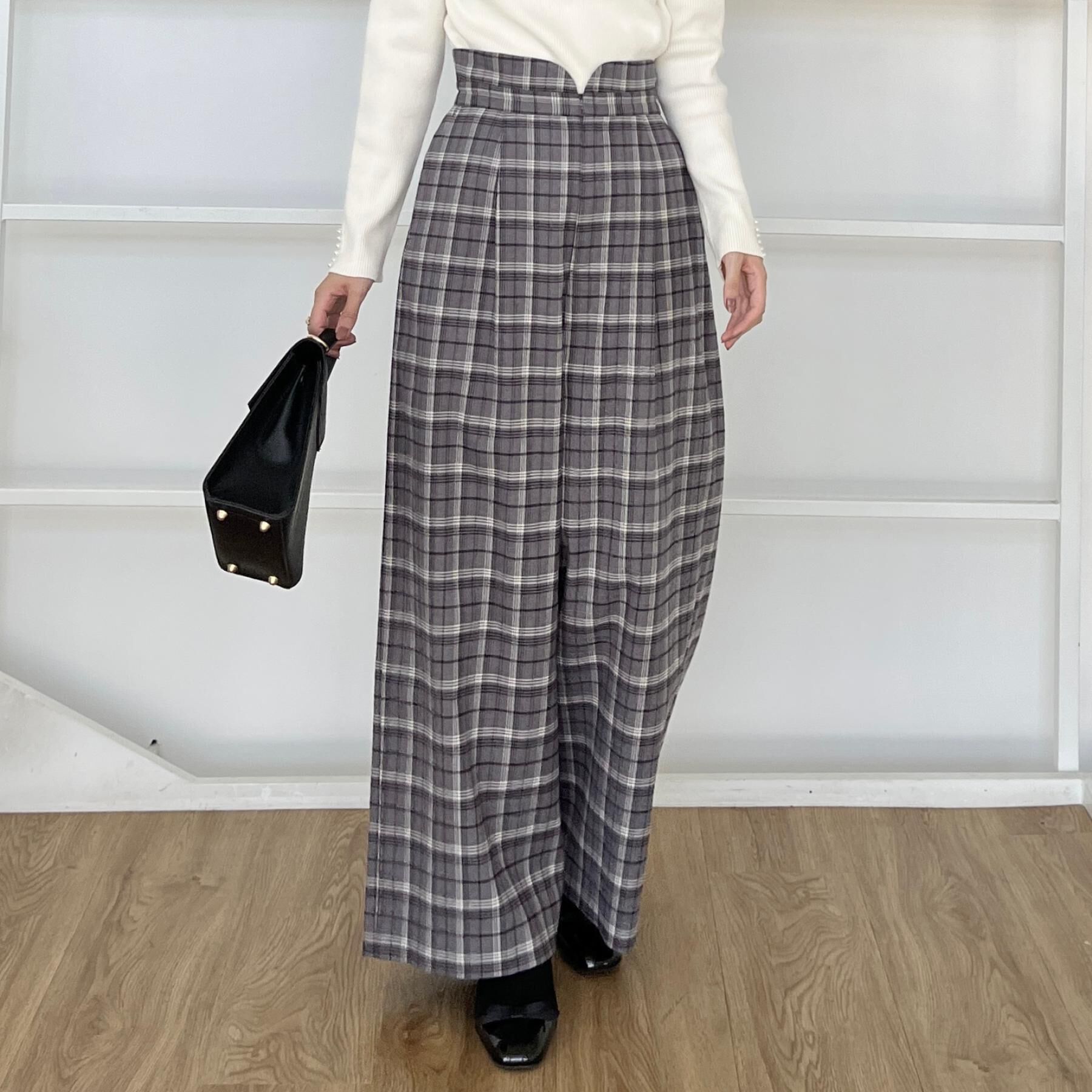 Couture broach「【大人可愛い】起毛先染めチェック柄 スカラウエスト ワイドパンツ」|その他|