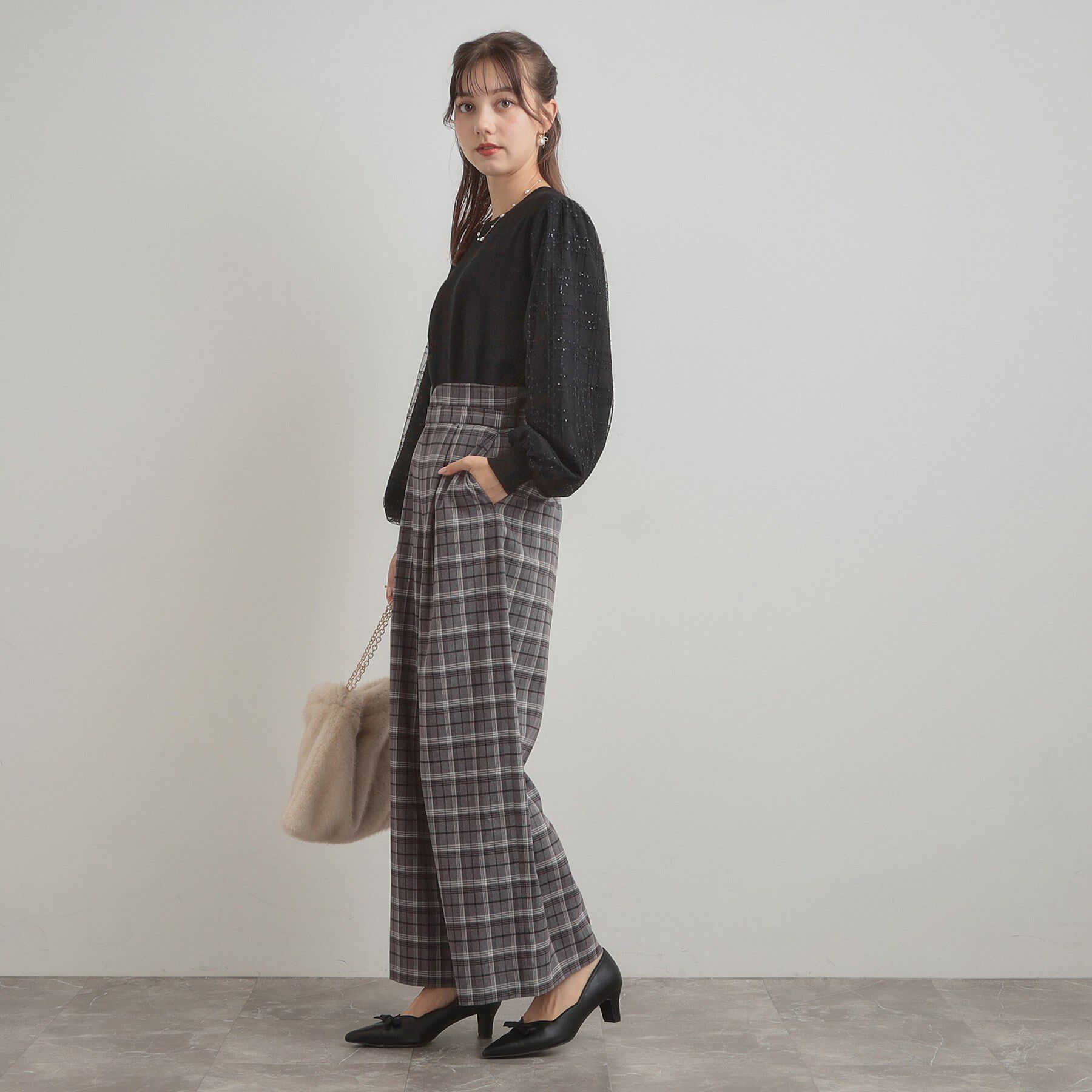 Couture broach「【大人可愛い】起毛先染めチェック柄 スカラウエスト ワイドパンツ」|その他|