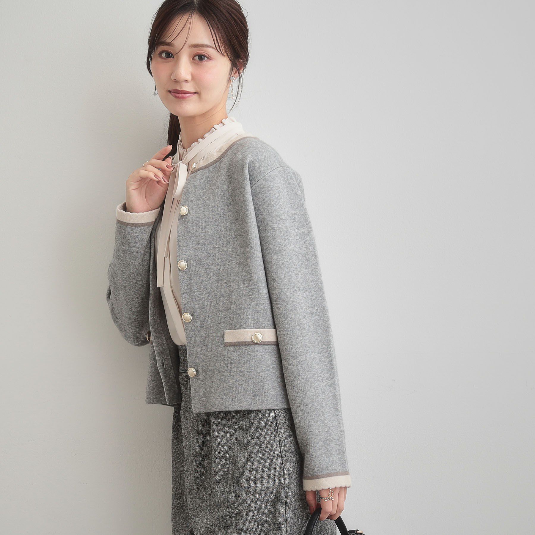 Couture broach「【通勤・大人上品】ムースタッチジャカード 配色スカラカーディ」|カーディガン|