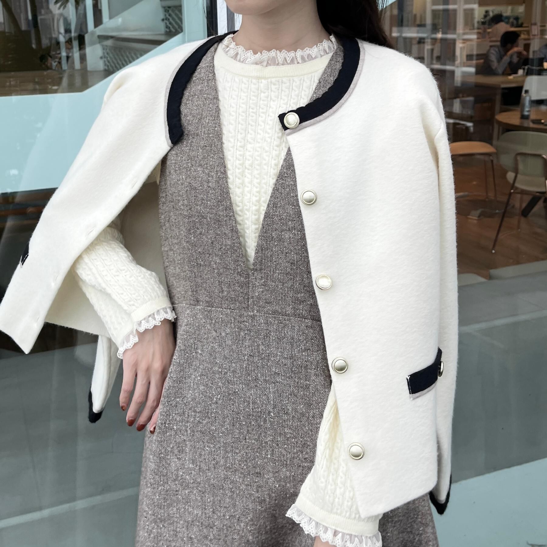 Couture broach「【通勤・大人上品】ムースタッチジャカード 配色スカラカーディ」|カーディガン|