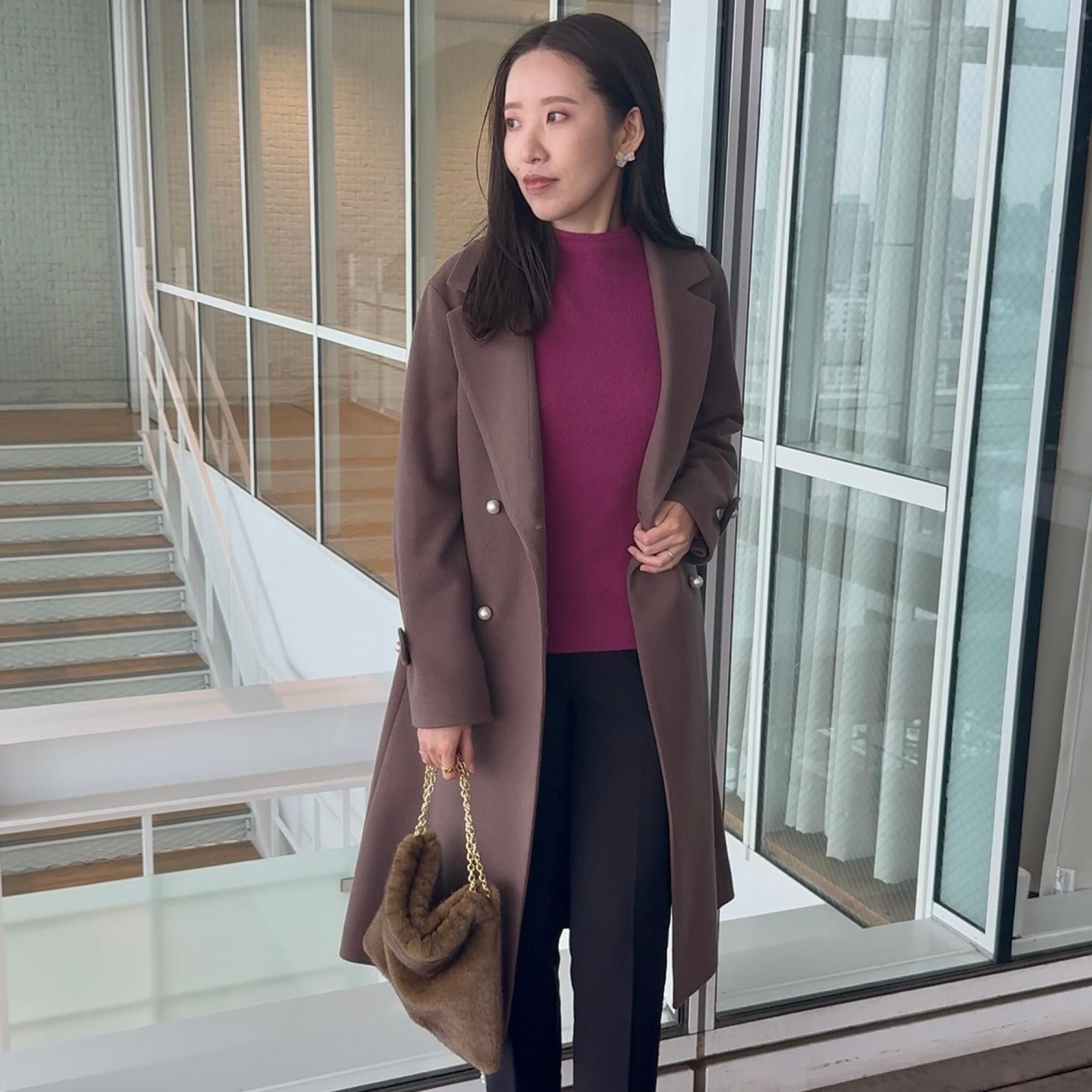 Couture broach「【大人上品・ベルト付き】パール調釦チェスターコート」|チェスターコート|