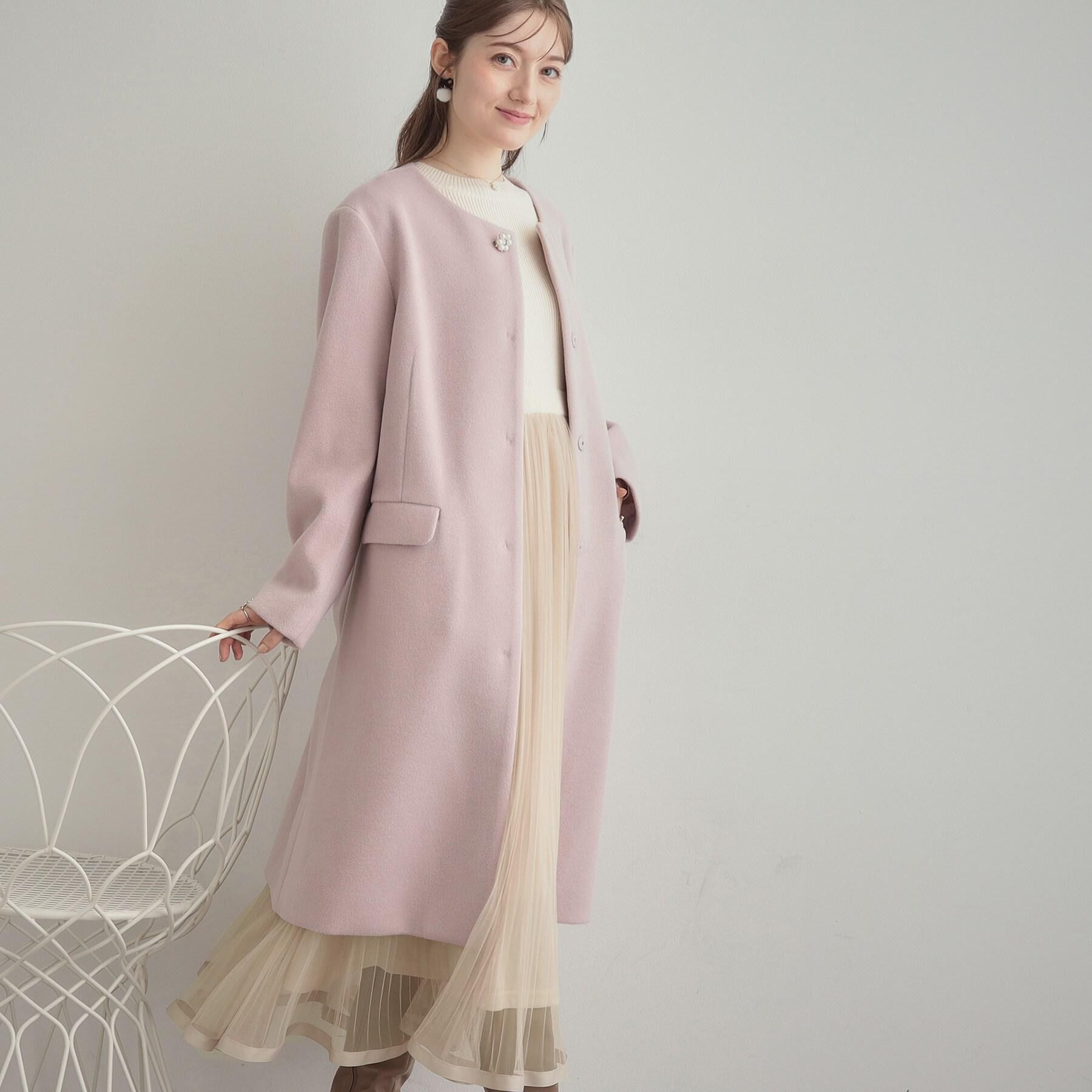 Couture broach「【通勤/ビジューブローチ付き】ノーカラー ロングコート」|ノーカラーコート|