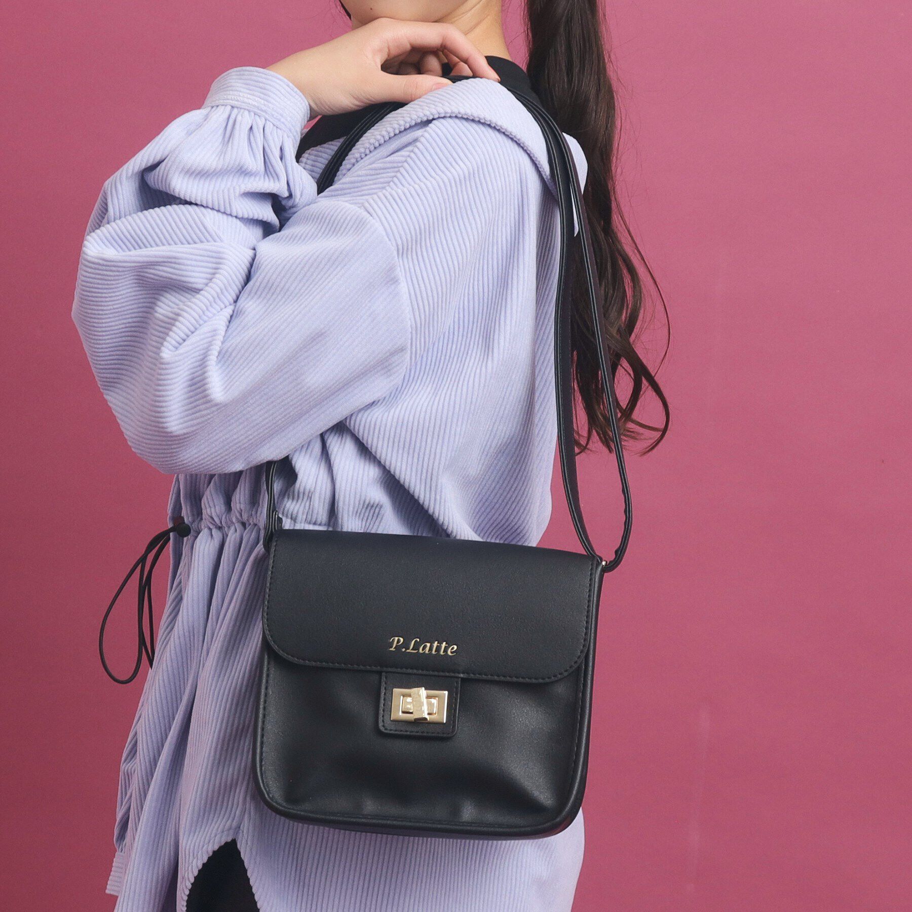 PINK-latte「フラップショルダーバッグ」|ショルダー・メッセンジャー|ブラック(019)