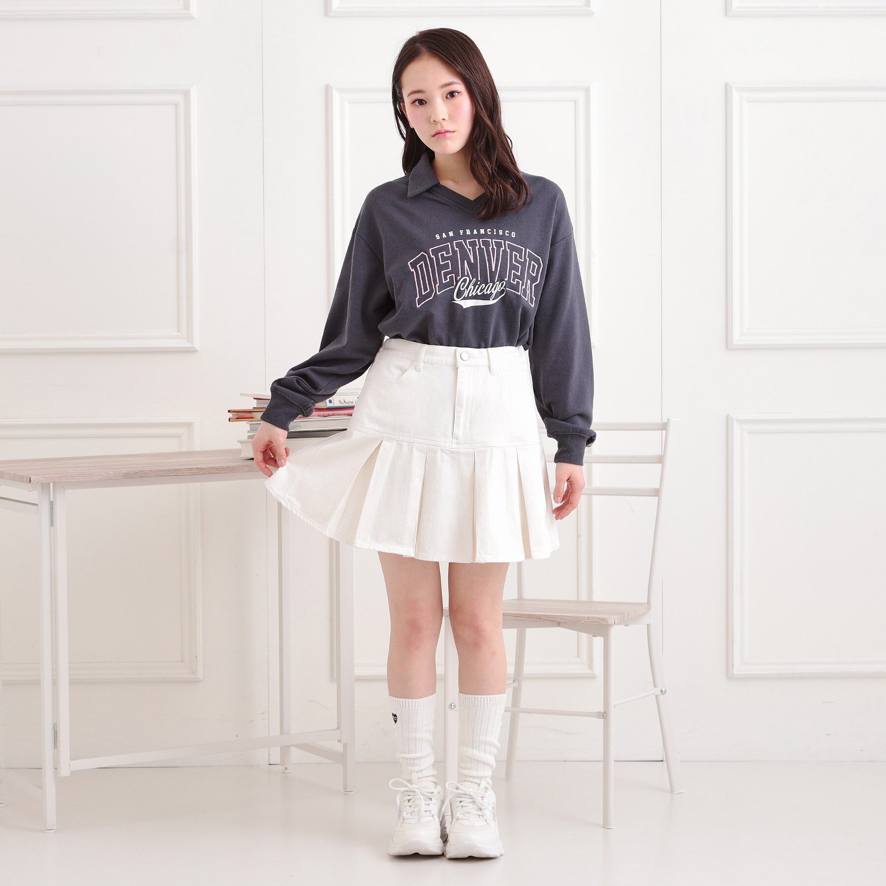 PINK-latte「デニム裾プリーツスカート」|スカート|