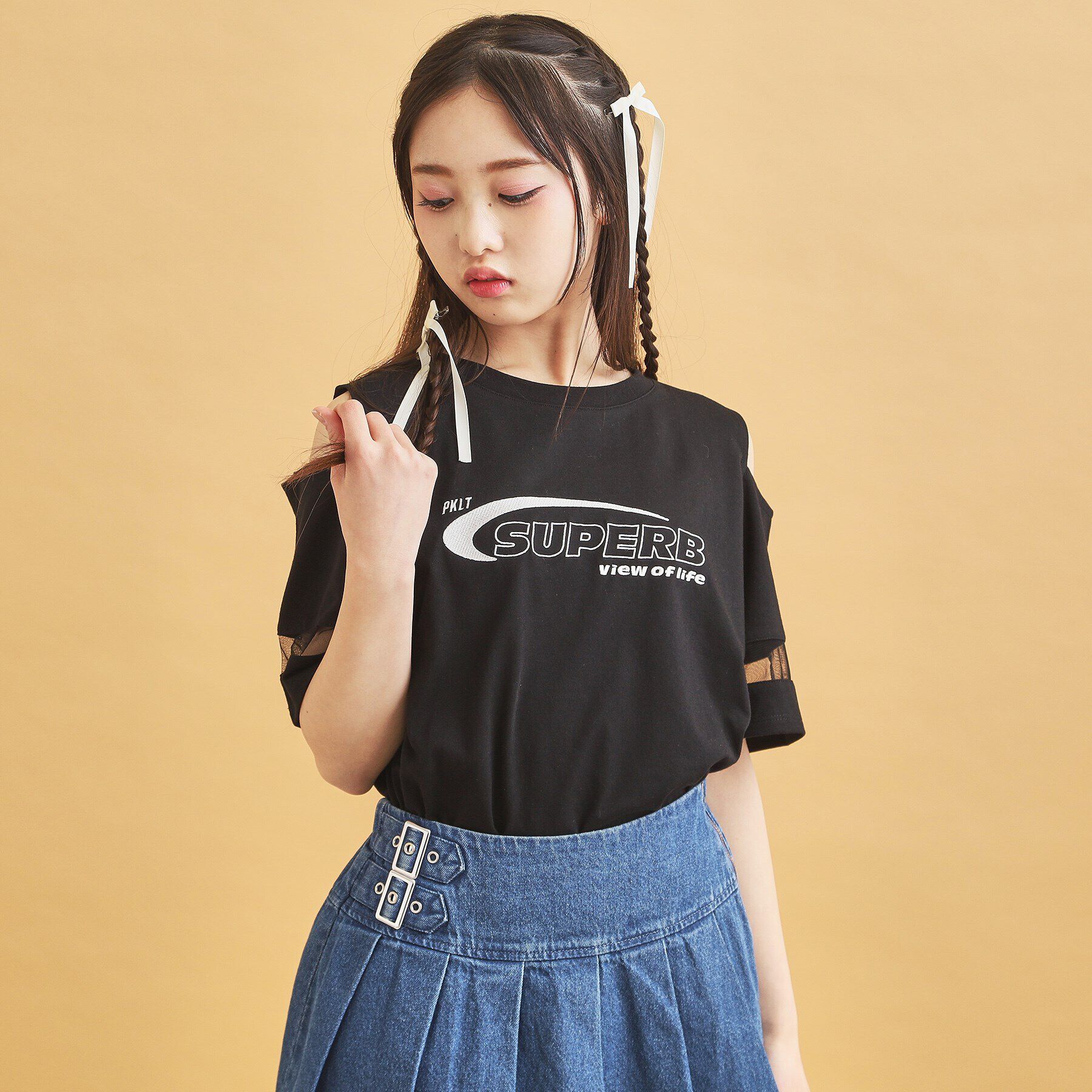 PINK-latte「チュール切替肩あきTシャツ」|Tシャツ・カットソー|