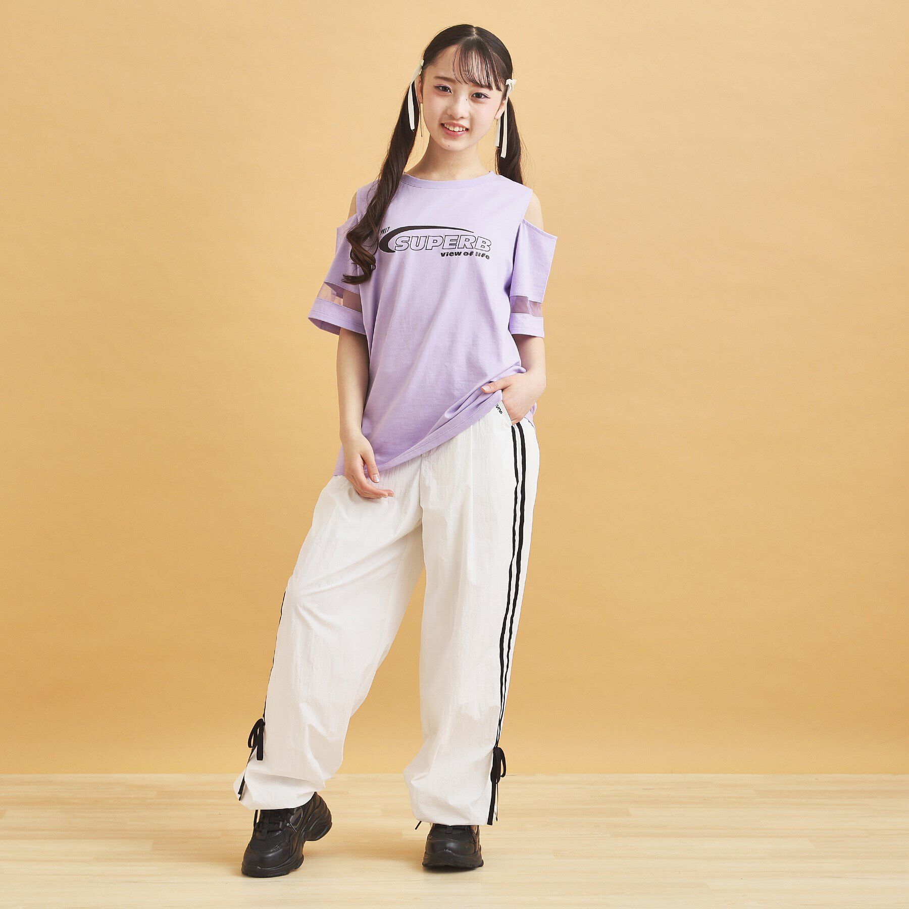 PINK-latte「チュール切替肩あきTシャツ」|Tシャツ・カットソー|