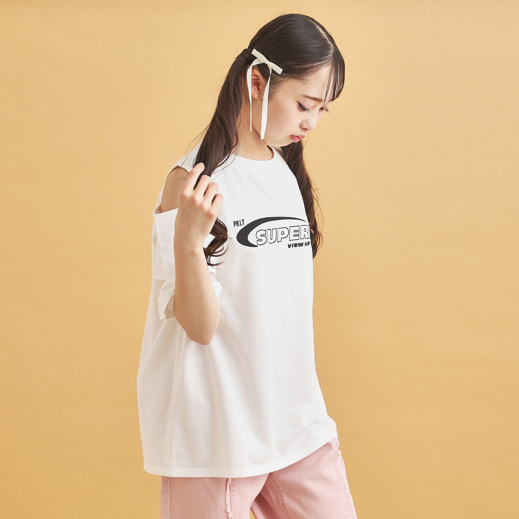 PINK-latte「チュール切替肩あきTシャツ」|Tシャツ・カットソー|