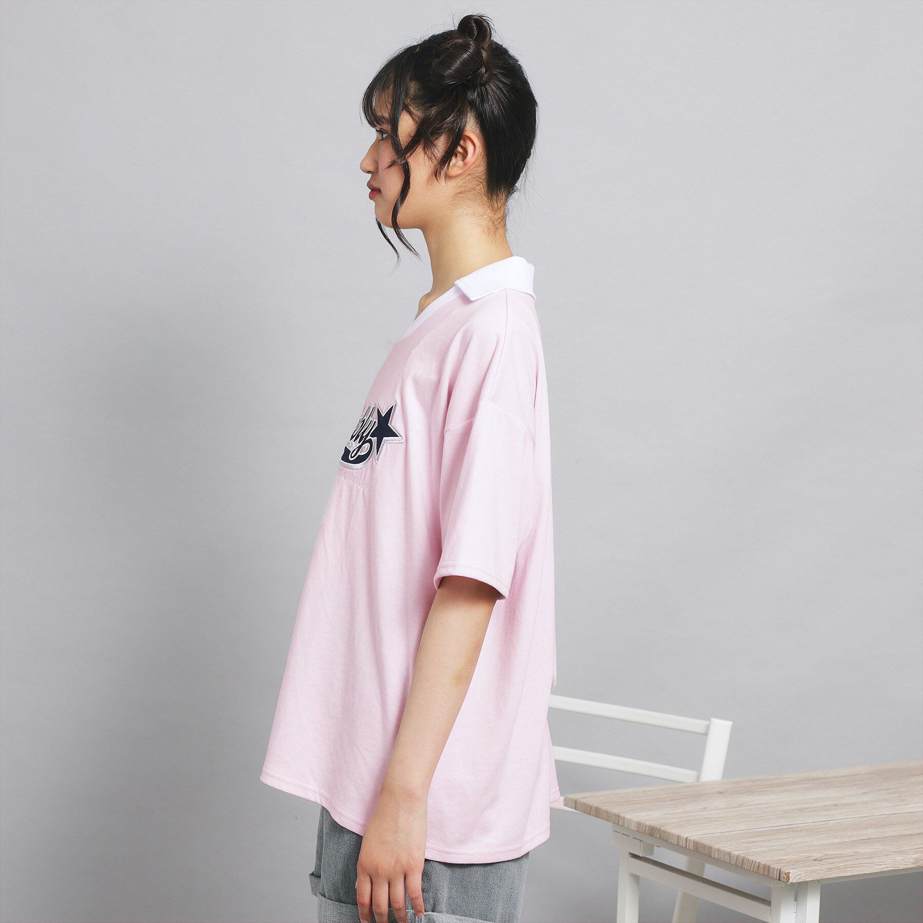 PINK-latte「Vネック衿付きアップリケビッグTシャツ」|Tシャツ・カットソー|