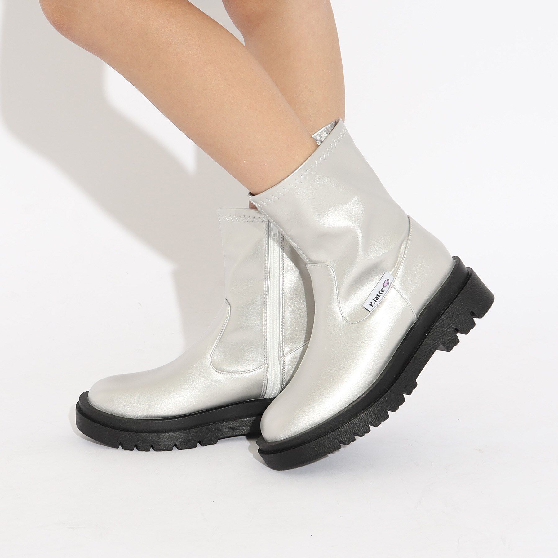 PINK-latte「サイドジップブーツ」|ショートブーツ|シルバー(006)