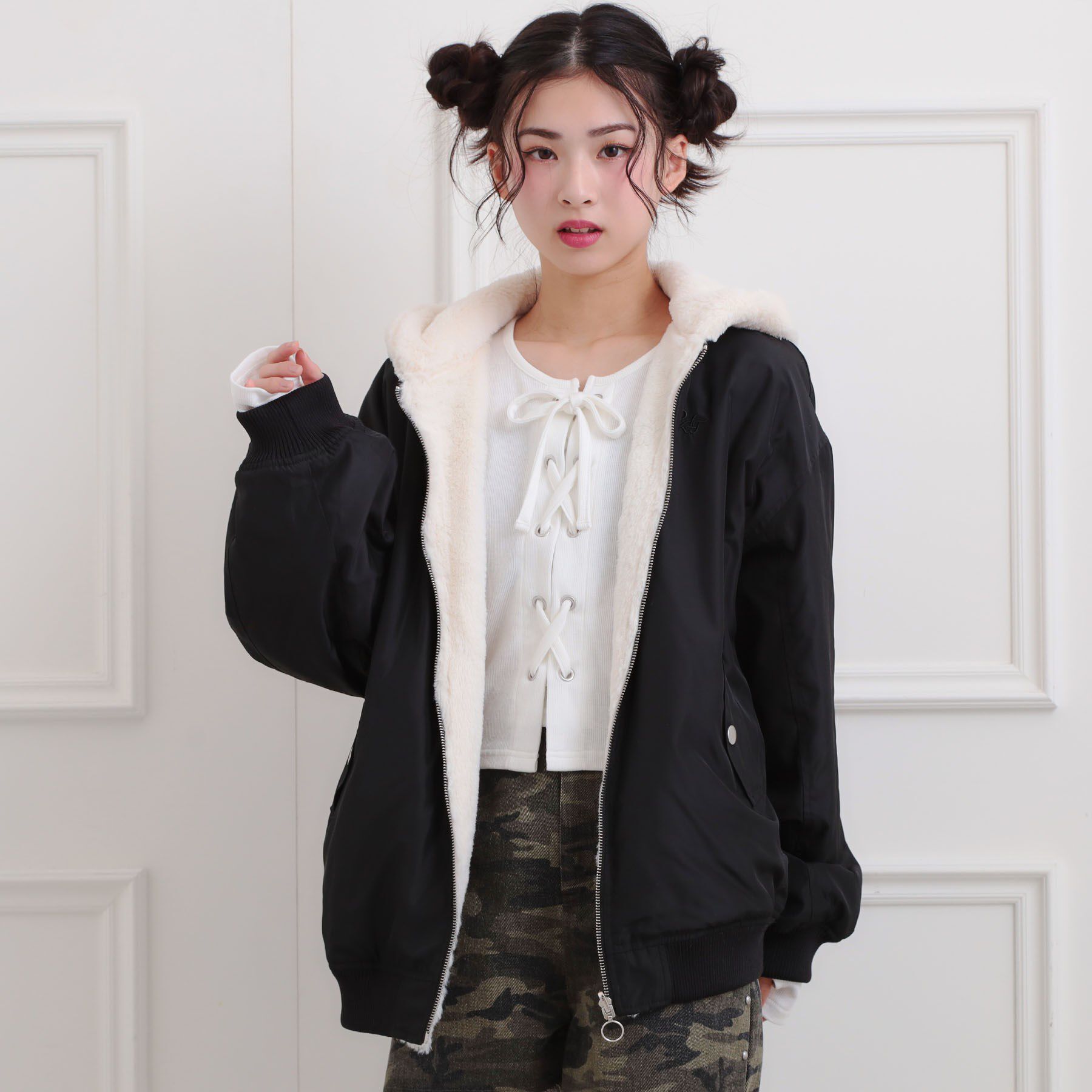 PINK-latte「リバーシブルフェイクファーブルゾン」|ブルゾン・スタジャン|ブラック(019)