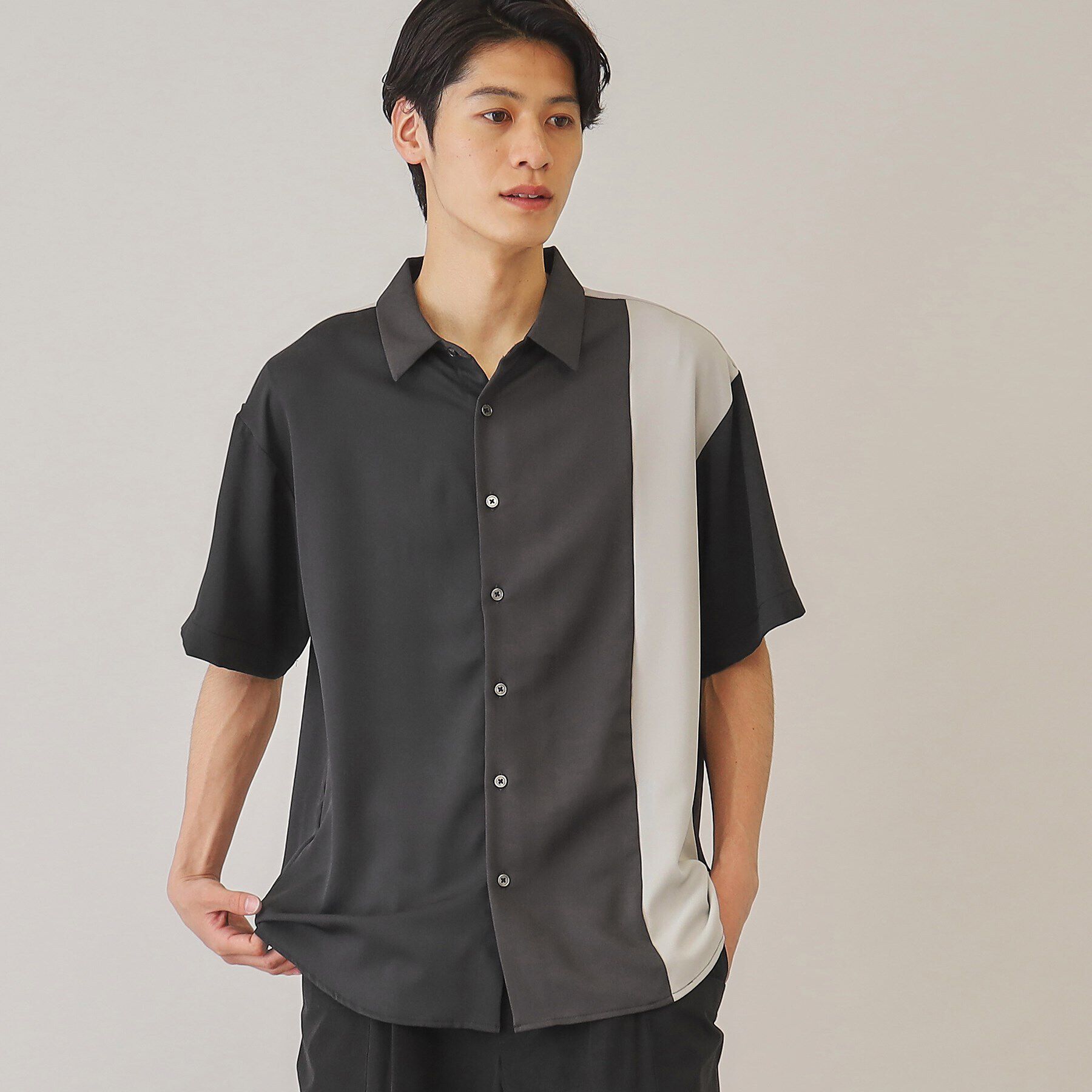 THE SHOP TK「【10色展開】プリントデザインシャツ チェック／ブロッキング／マーブル／ブラシアート」|シャツ・ブラウス|ブラック(519)