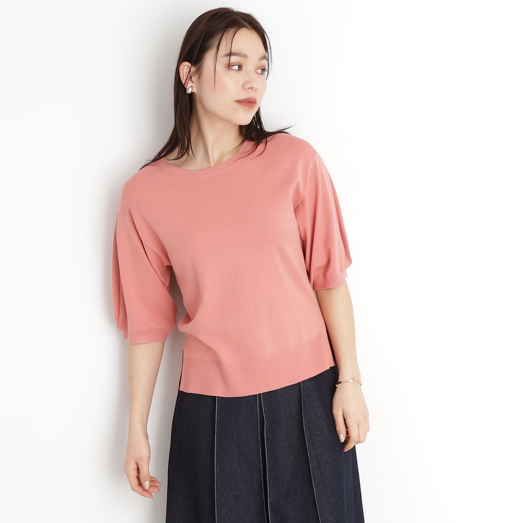 THE SHOP TK「【接触冷感/体型カバー】袖タック6分袖ニット/洗濯機OK/UVケア」|ニット・セーター|オレンジ(065)