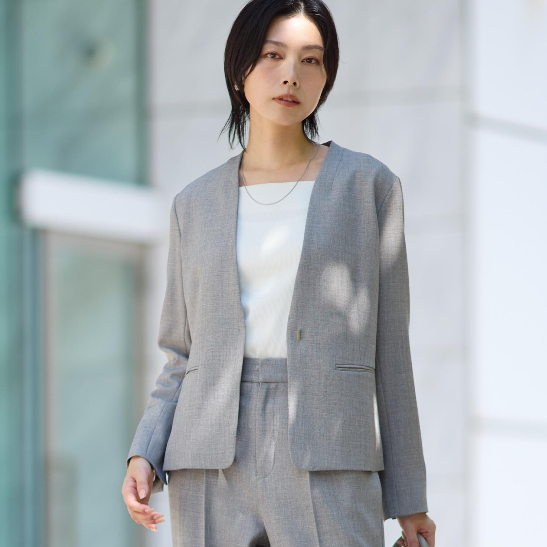 THE SHOP TK「ビジネスノーカラージャケット【セットアップ可/洗える】/CAVIANシリーズ」|ノーカラージャケット|チャコールグレー(0