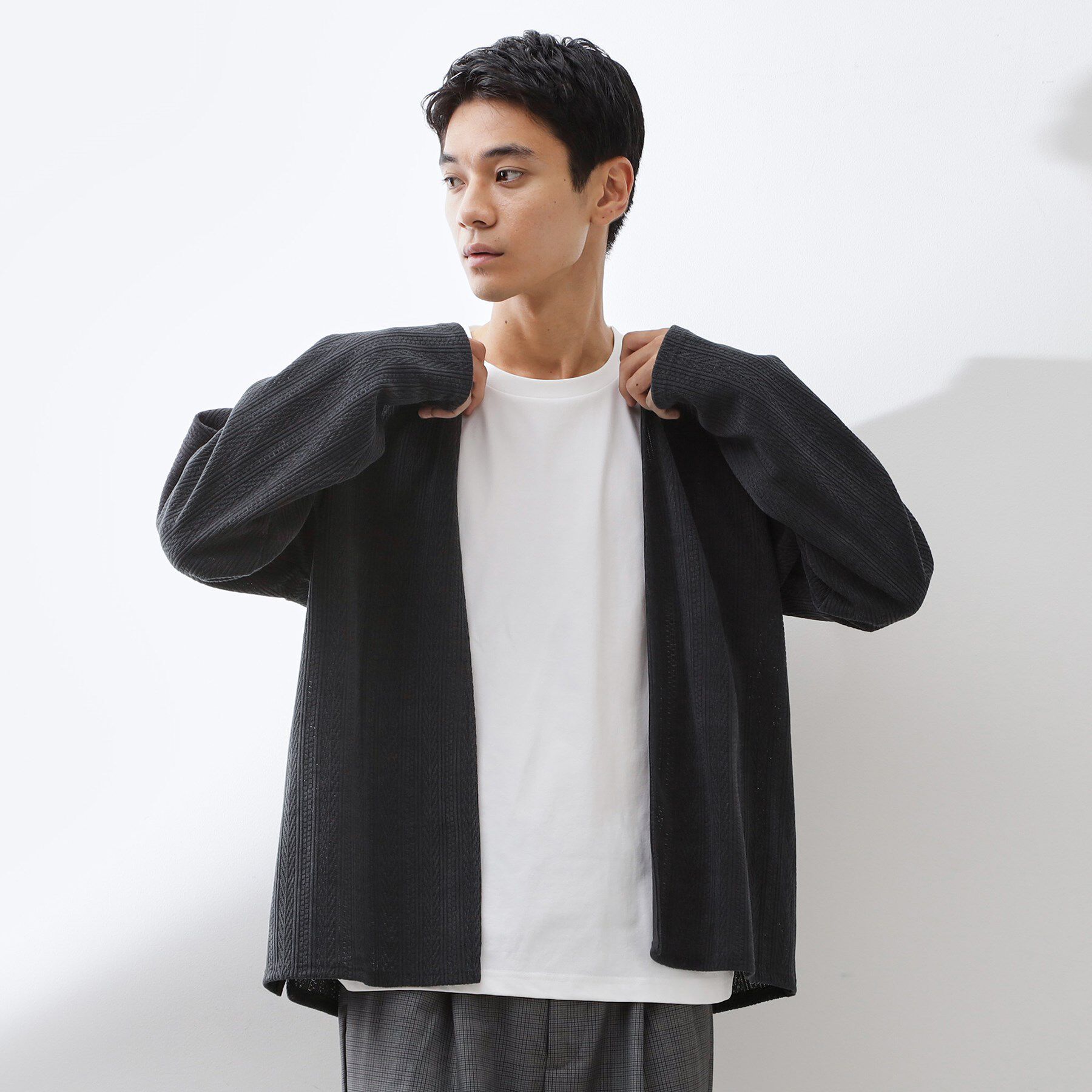 THE SHOP TK「【セットでお買い得！】モールニットカーディガン＋長袖Tシャツ　洗濯機OK/吸水速乾・毛玉になりにくい」|カーディガン|チャコールグレー(0