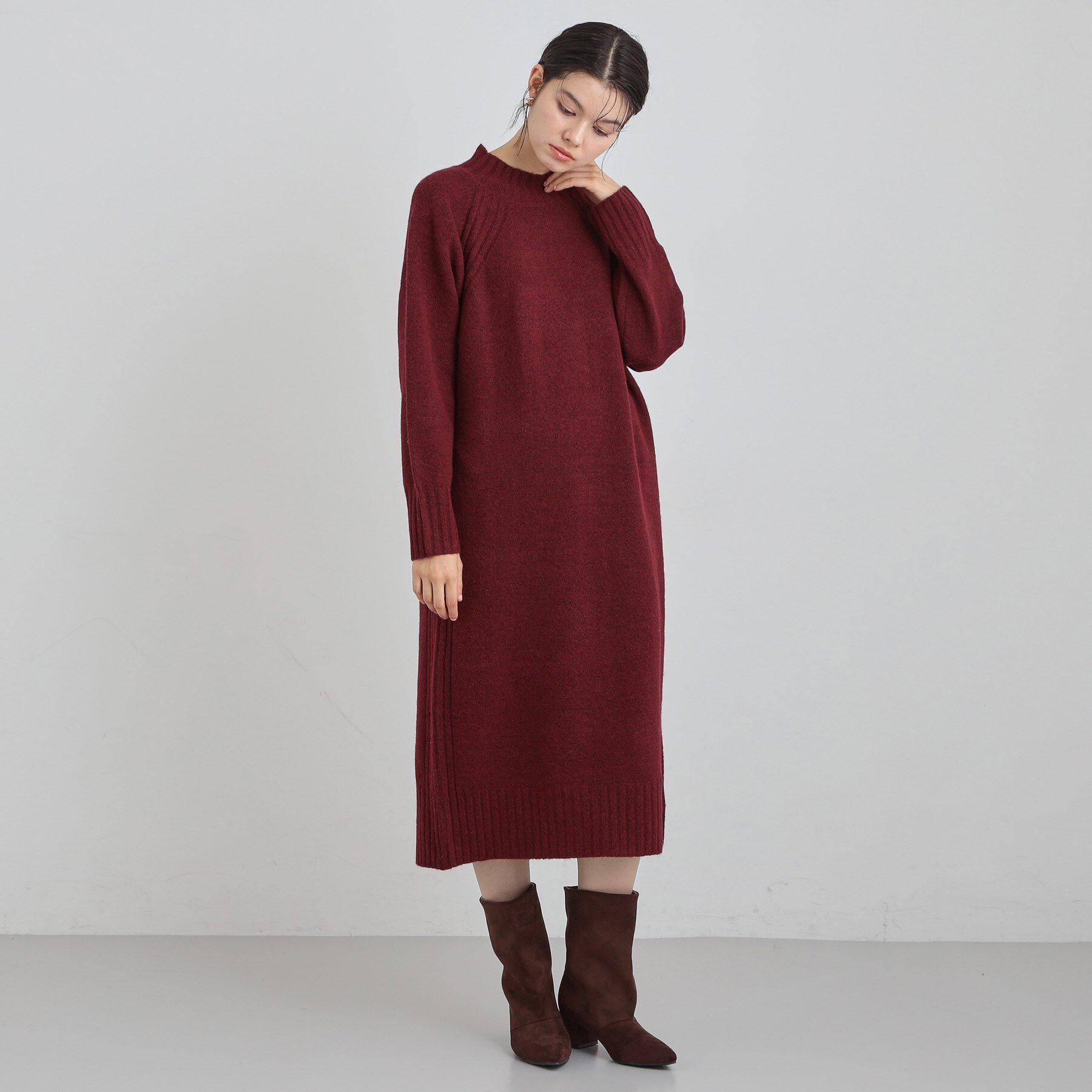 THE SHOP TK「ウール混杢調ハイネックワンピース」|ワンピース|ボルドー(064)