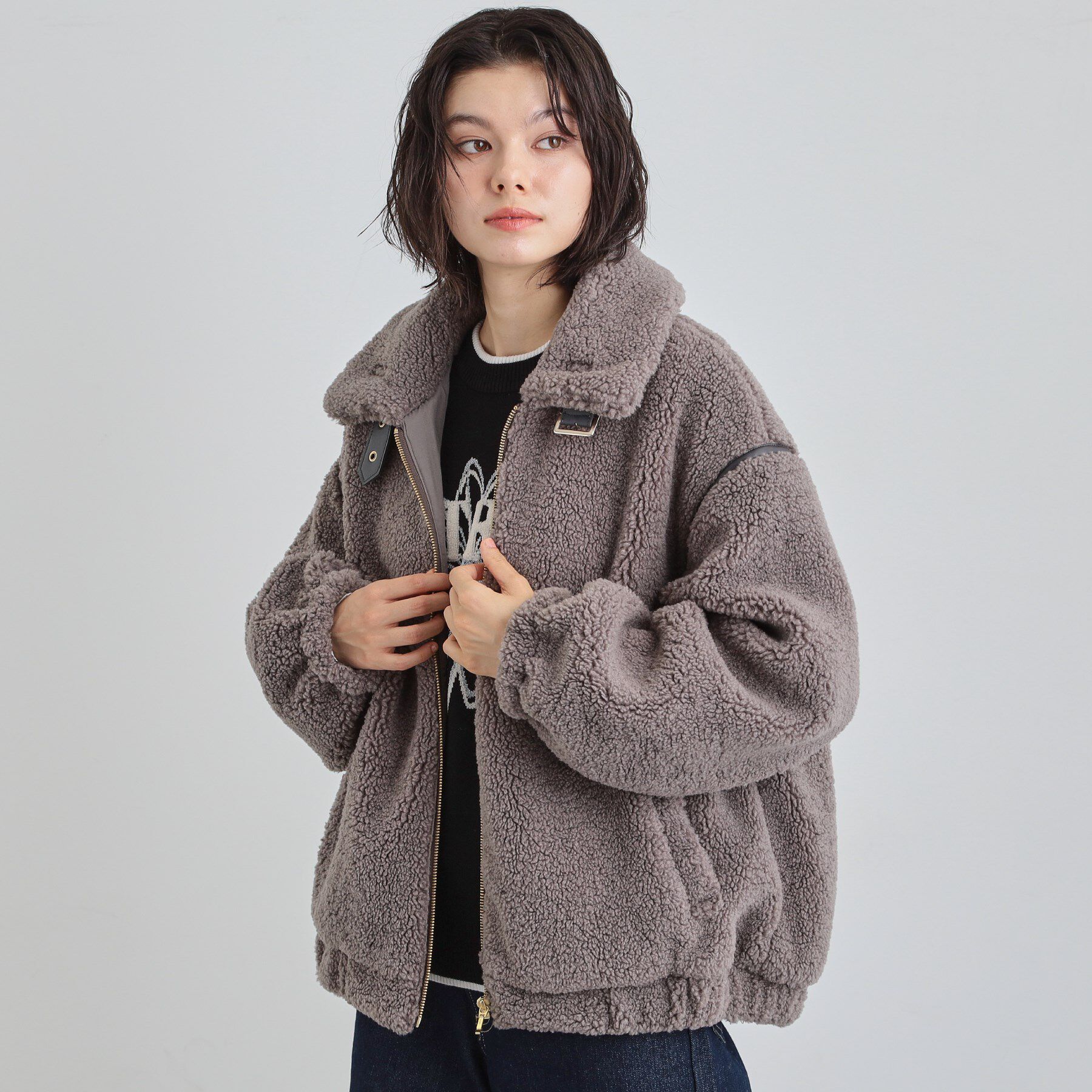 THE SHOP TK「マシュマロタッチ ボアボンバージャケット」|ブルゾン・スタジャン|チャコールグレー(0