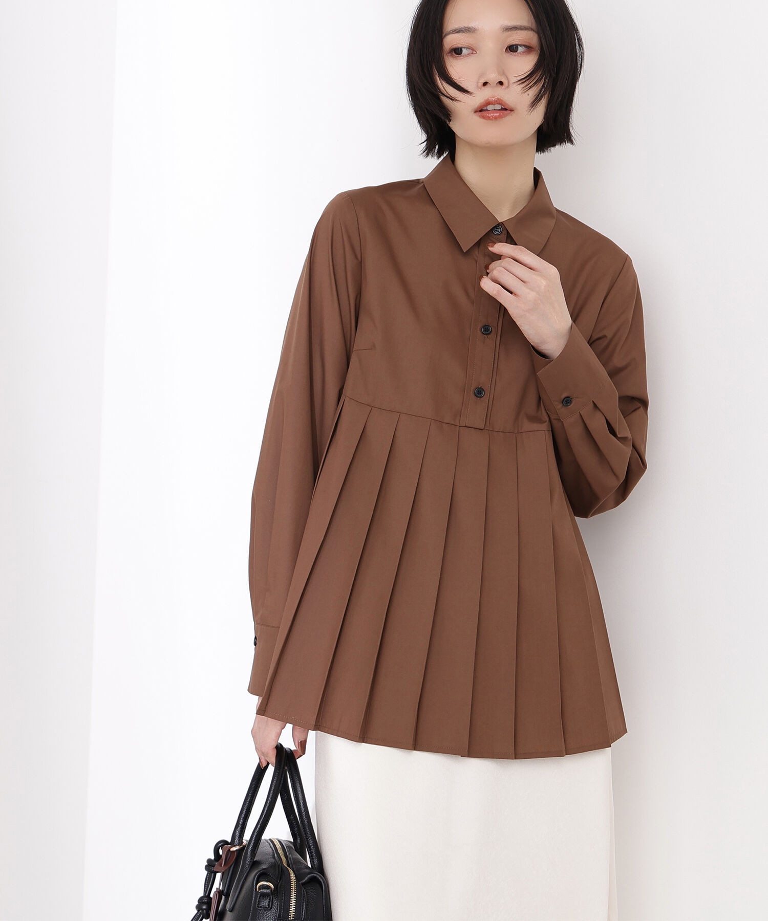  「プリーツペプラムブラウス」|シャツ・ブラウス|ブラウン