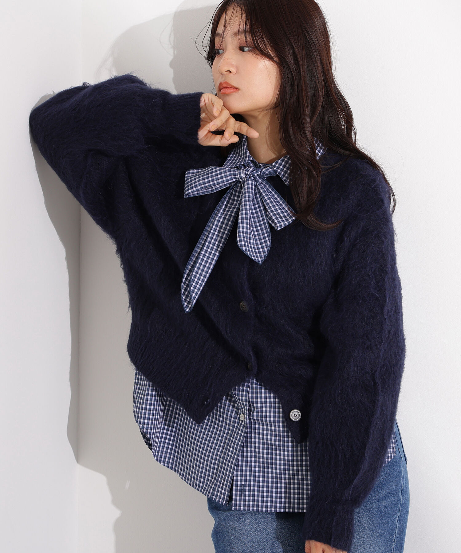  「クルーネックフェザーカーディガン」|ニット・セーター|ネイビー