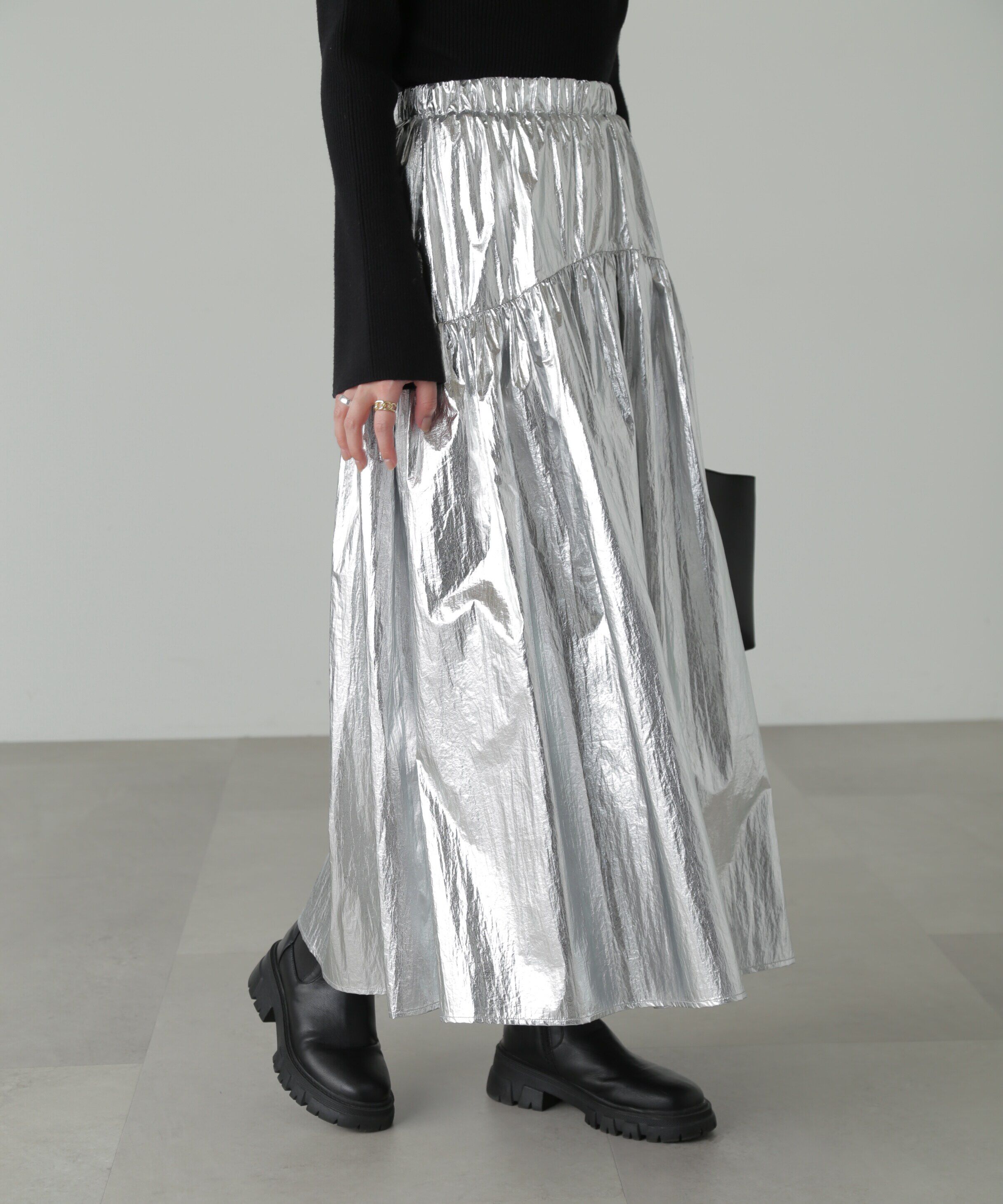  「メタリックティアードギャザースカート」|スカート|シルバー