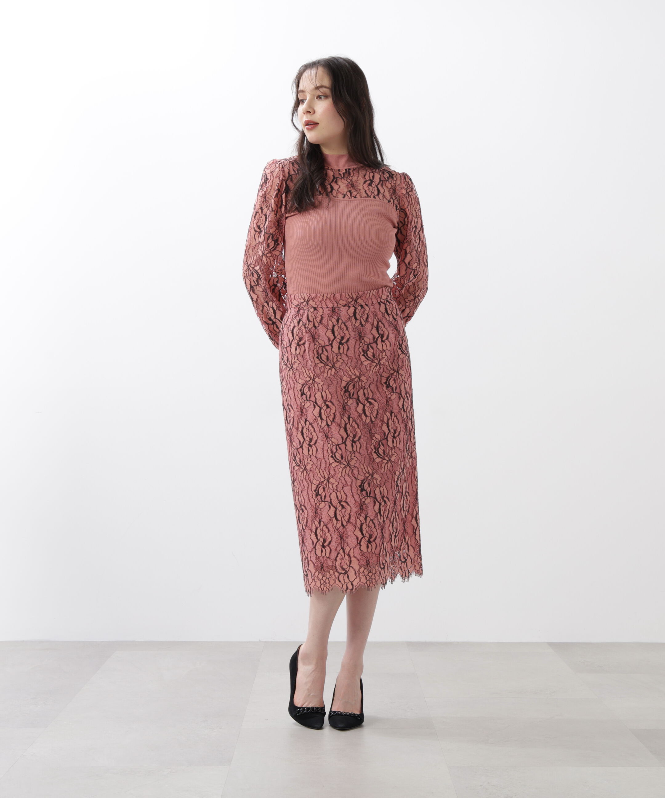  「◆レースコンビモックネックニットプルオーバー」|ニット・セーター|