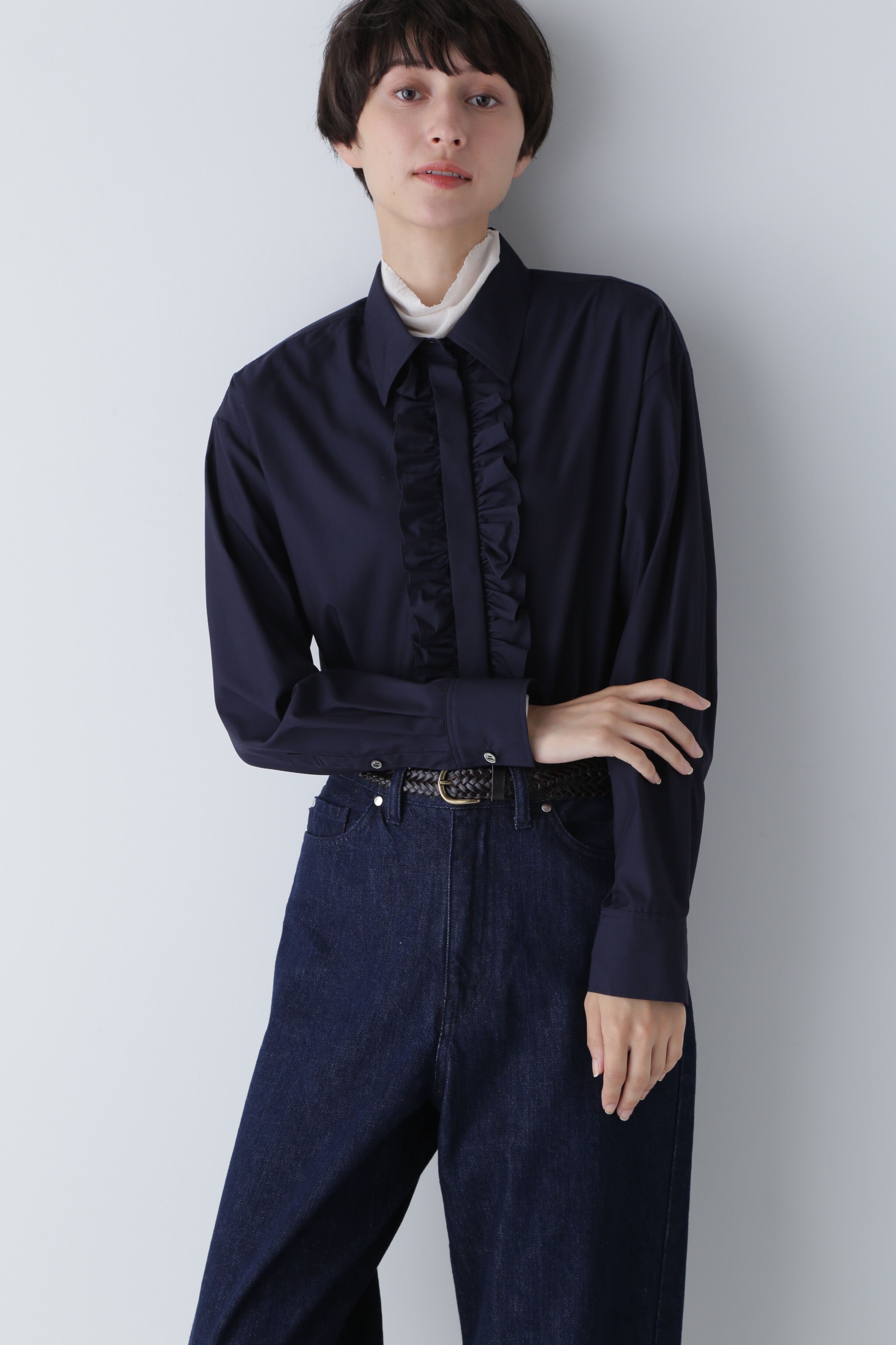  「◆フロントフリルブラウス」|シャツ・ブラウス|ネイビー