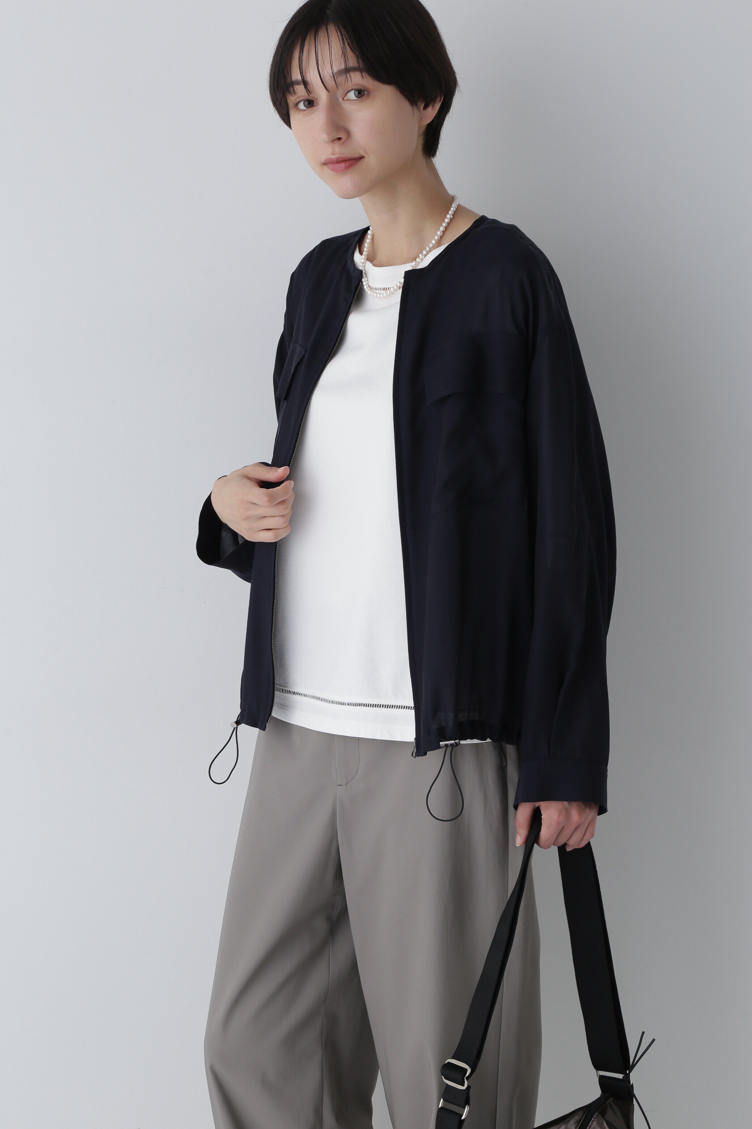  「◆キュプラコットンジップアップブルゾン」|ブルゾン・スタジャン|ネイビー