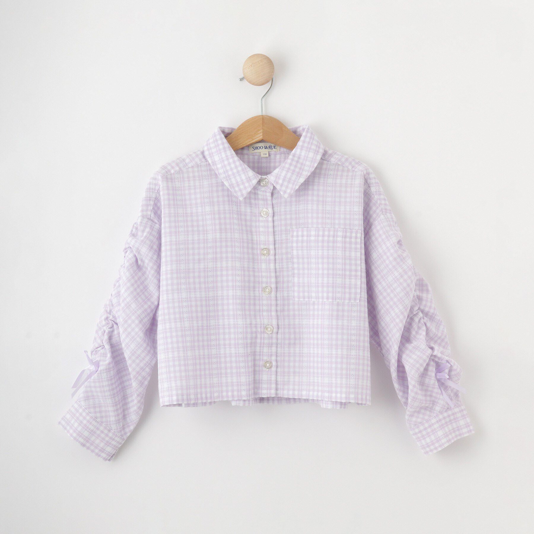 SHOO･LA･RUE「【洗える/100-150cm】お袖リボンがアクセント クロップド丈 チェックシャツ」|シャツ・ブラウス|