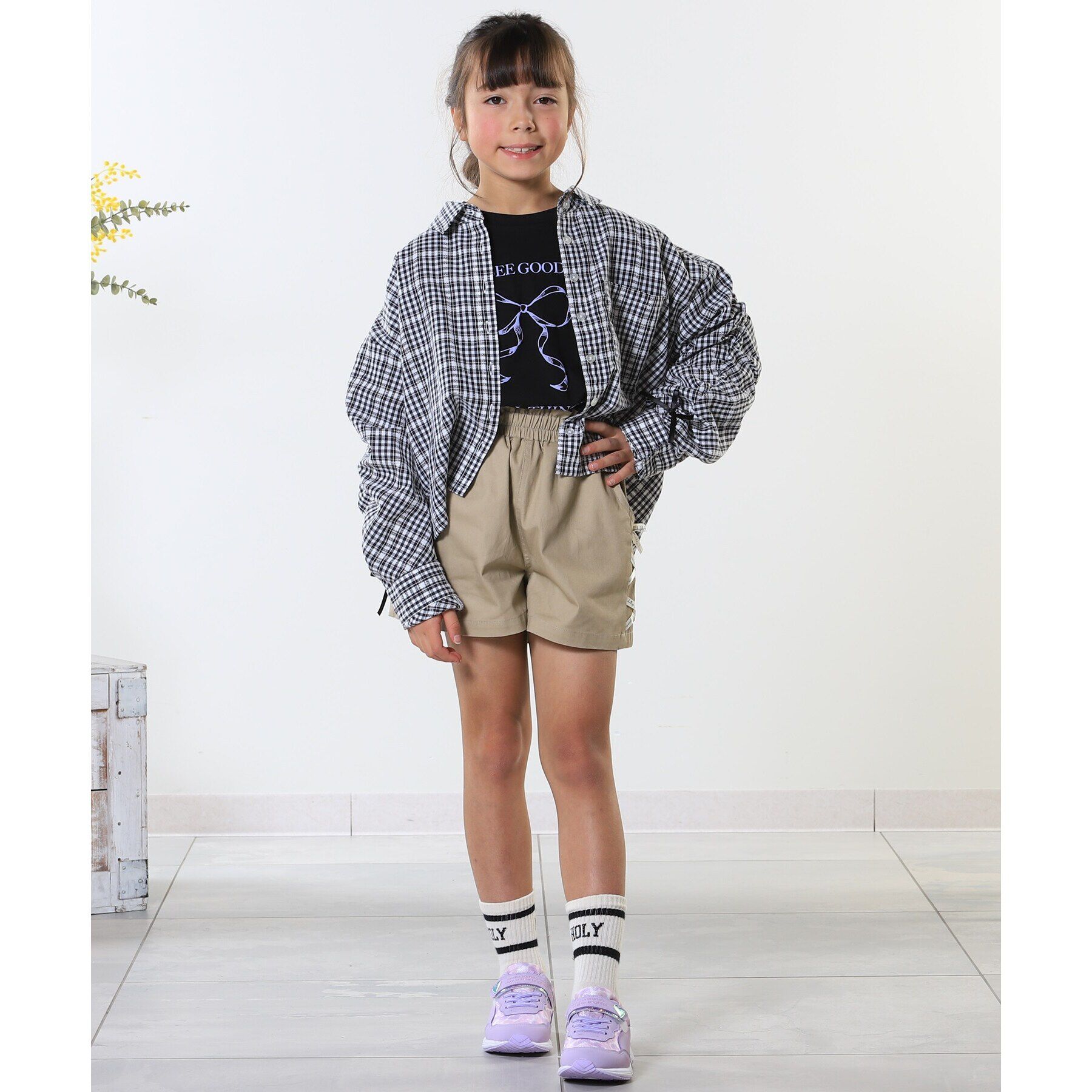 SHOO･LA･RUE「【洗える/100-150cm】お袖リボンがアクセント クロップド丈 チェックシャツ」|シャツ・ブラウス|