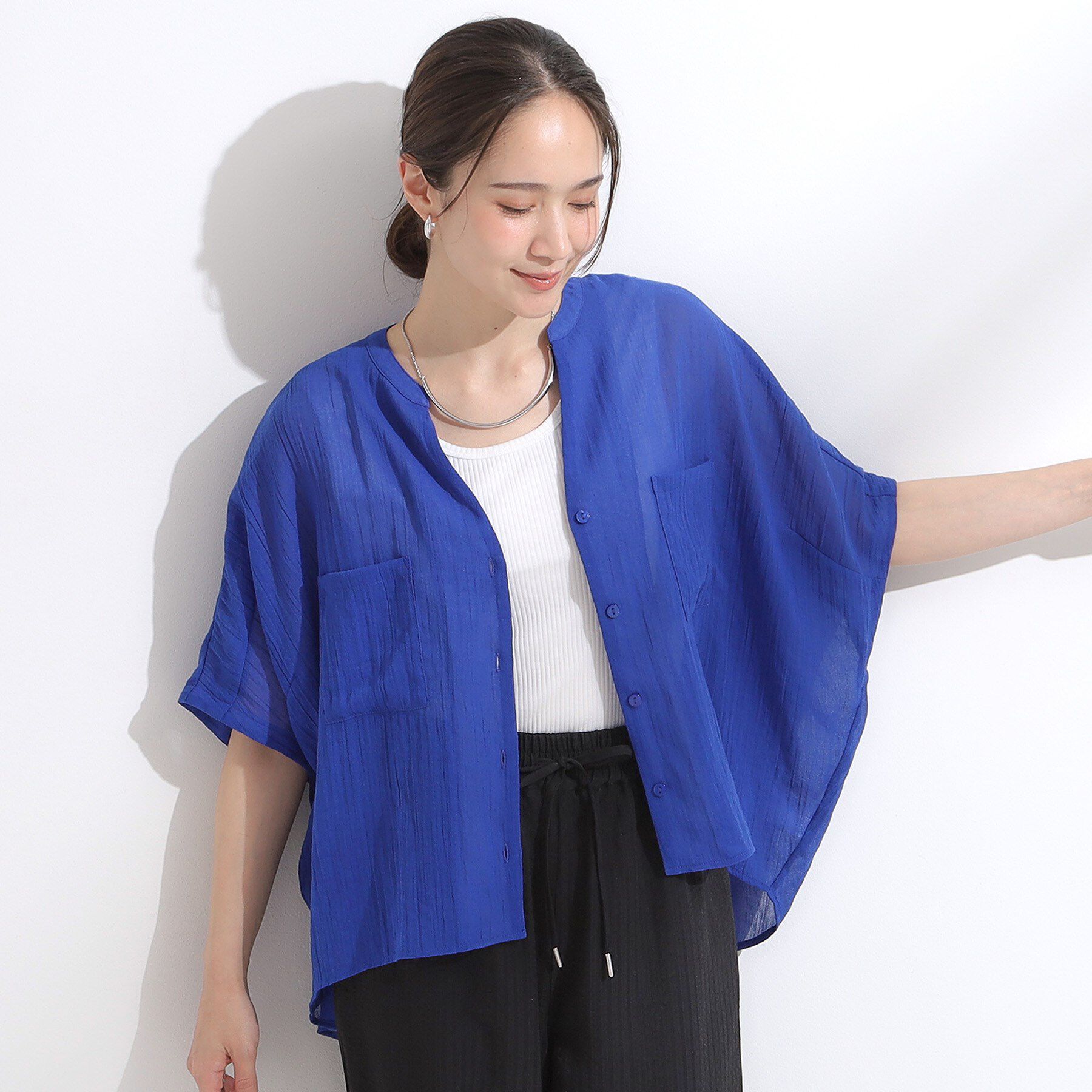 SHOO･LA･RUE「程よいシアー感 ポケットドルマン5分袖シャツ」|シャツ・ブラウス|
