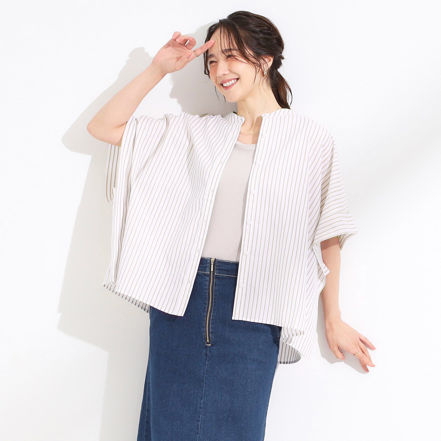 SHOO･LA･RUE「きれいめカジュアルに ラメストライプ ポンチョ風シャツ」|シャツ・ブラウス|
