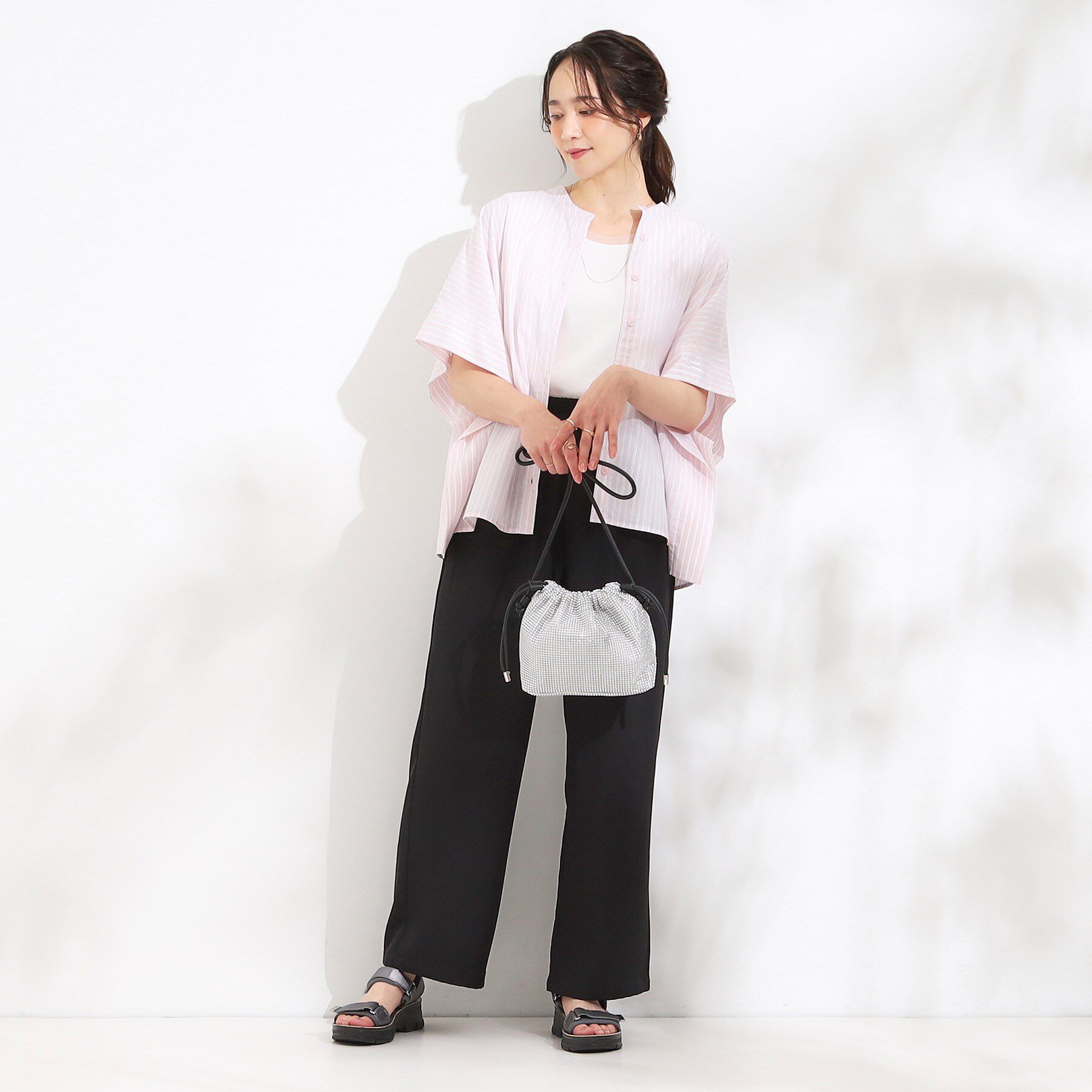 SHOO･LA･RUE「きれいめカジュアルに ラメストライプ ポンチョ風シャツ」|シャツ・ブラウス|