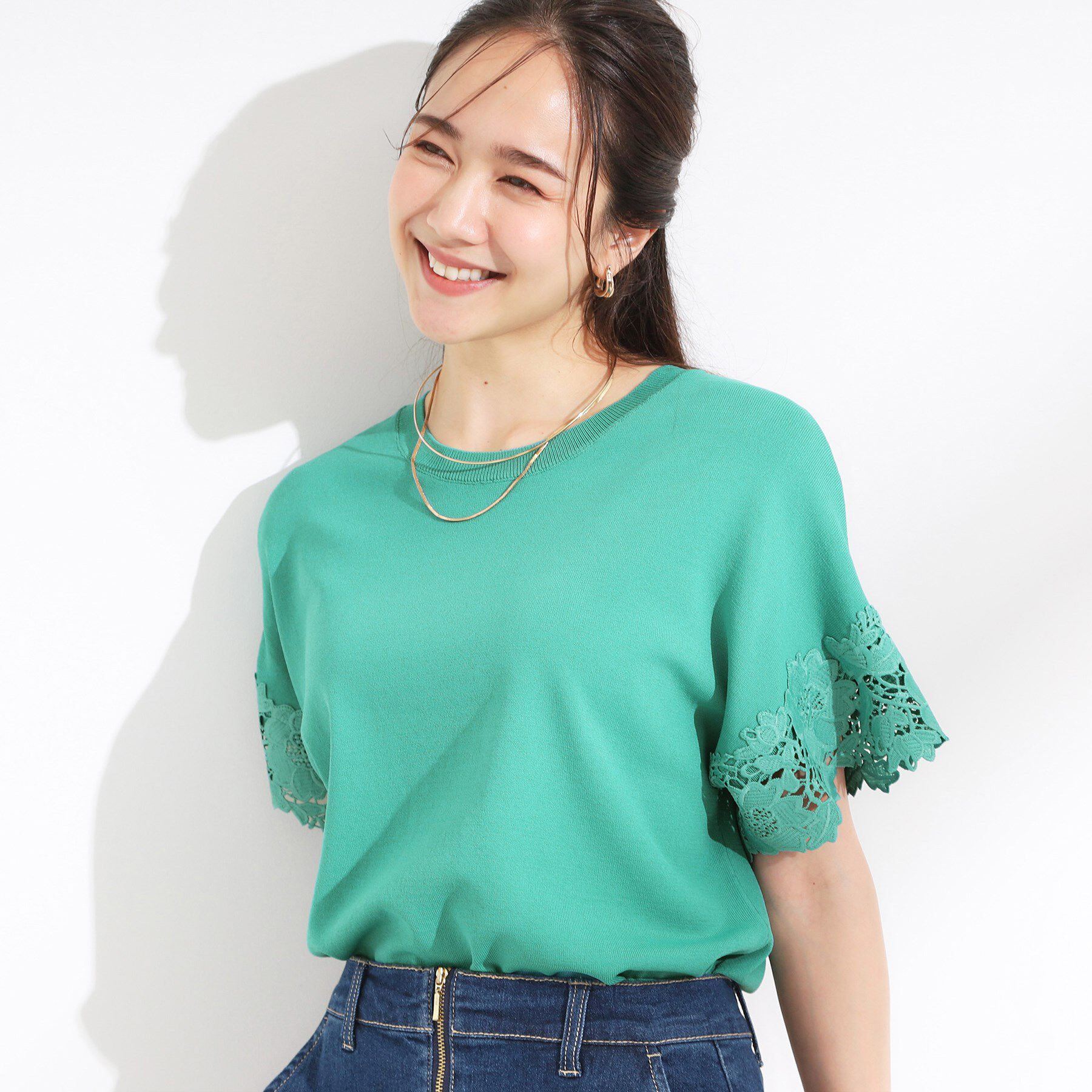 SHOO･LA･RUE「【S-LL/ひんやり/UV/】大人上品な お袖レースニット」|ニット・セーター|グリーン(022)