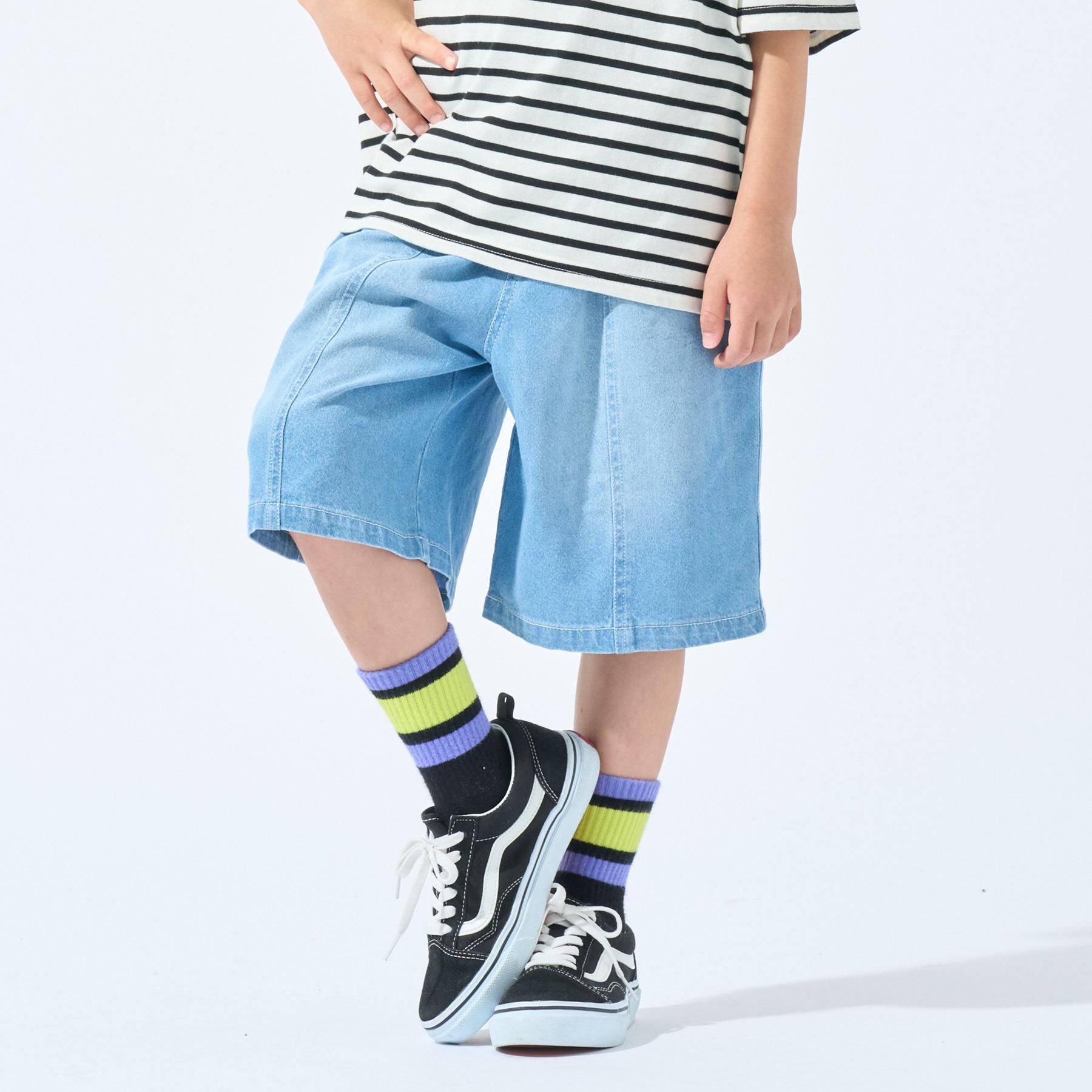 SHOO･LA･RUE「【100-150cm/ひんやり】ゆったりシルエットの デニムハーフパンツ」|その他|サックスブルー(09