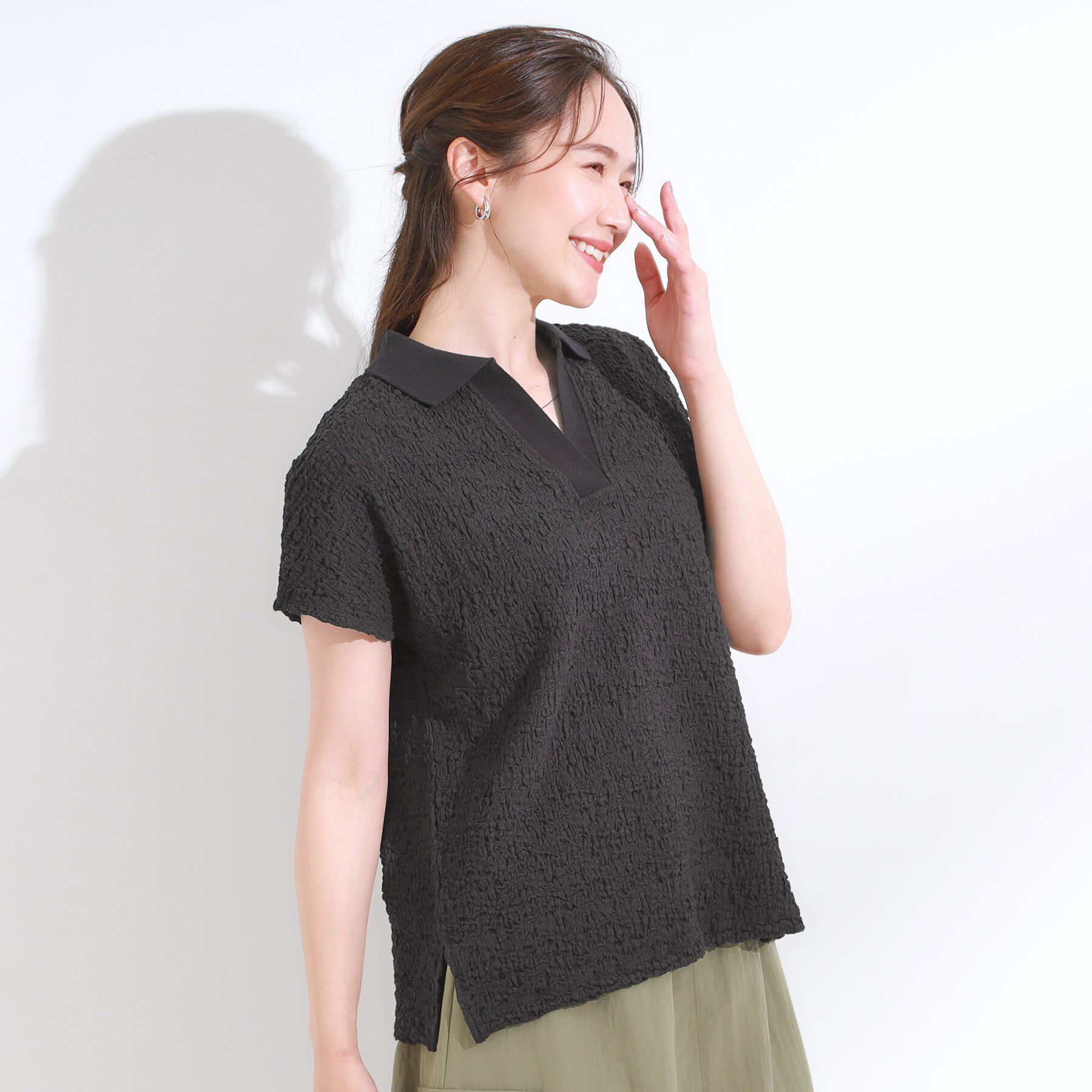 SHOO･LA･RUE「【S-LL】一枚で着映え フレンチスリーブ ポロスキッパートップス」|Tシャツ・カットソー|