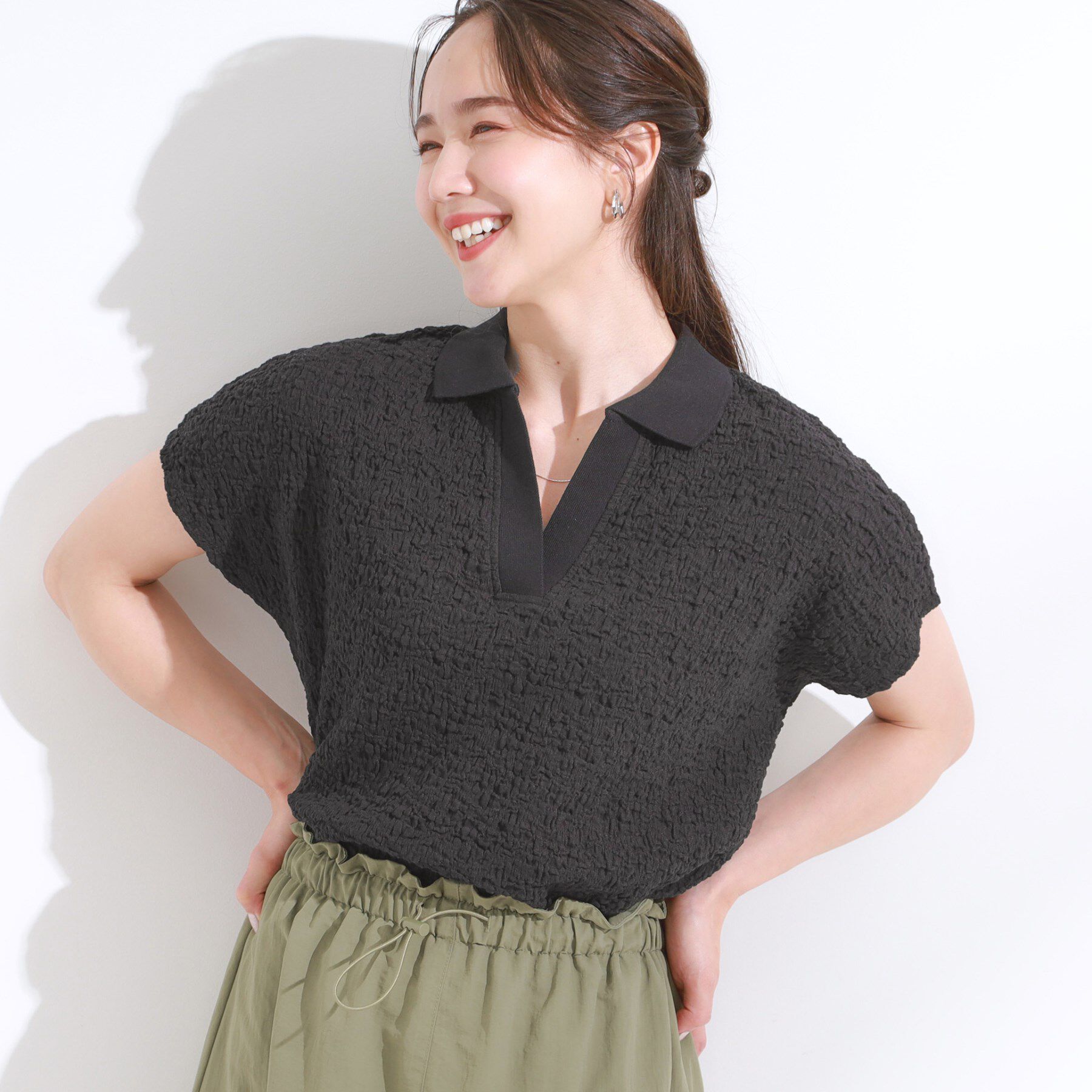 SHOO･LA･RUE「【S-LL】一枚で着映え フレンチスリーブ ポロスキッパートップス」|Tシャツ・カットソー|ブラック(019)