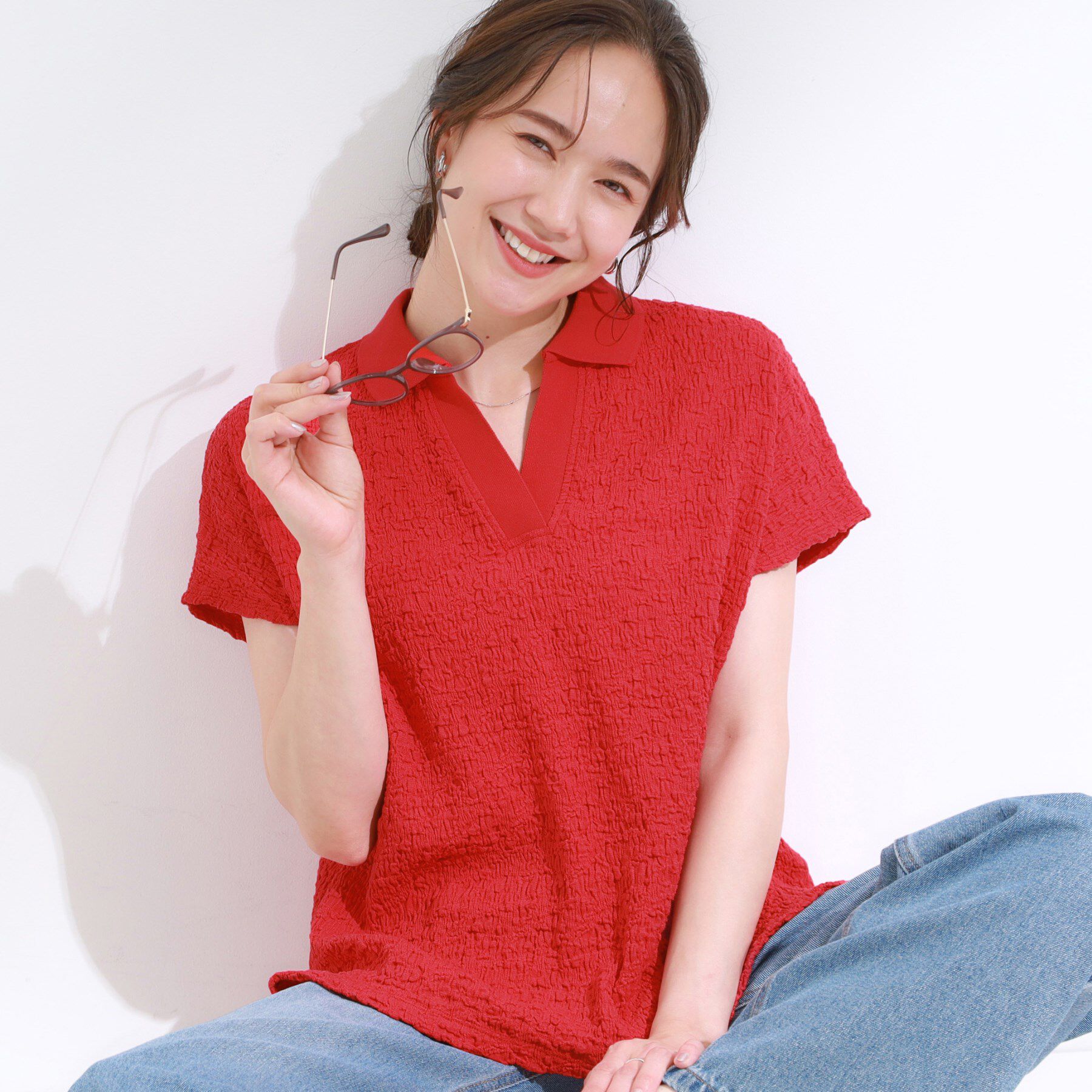 SHOO･LA･RUE「【S-LL】一枚で着映え フレンチスリーブ ポロスキッパートップス」|Tシャツ・カットソー|レッド(062)