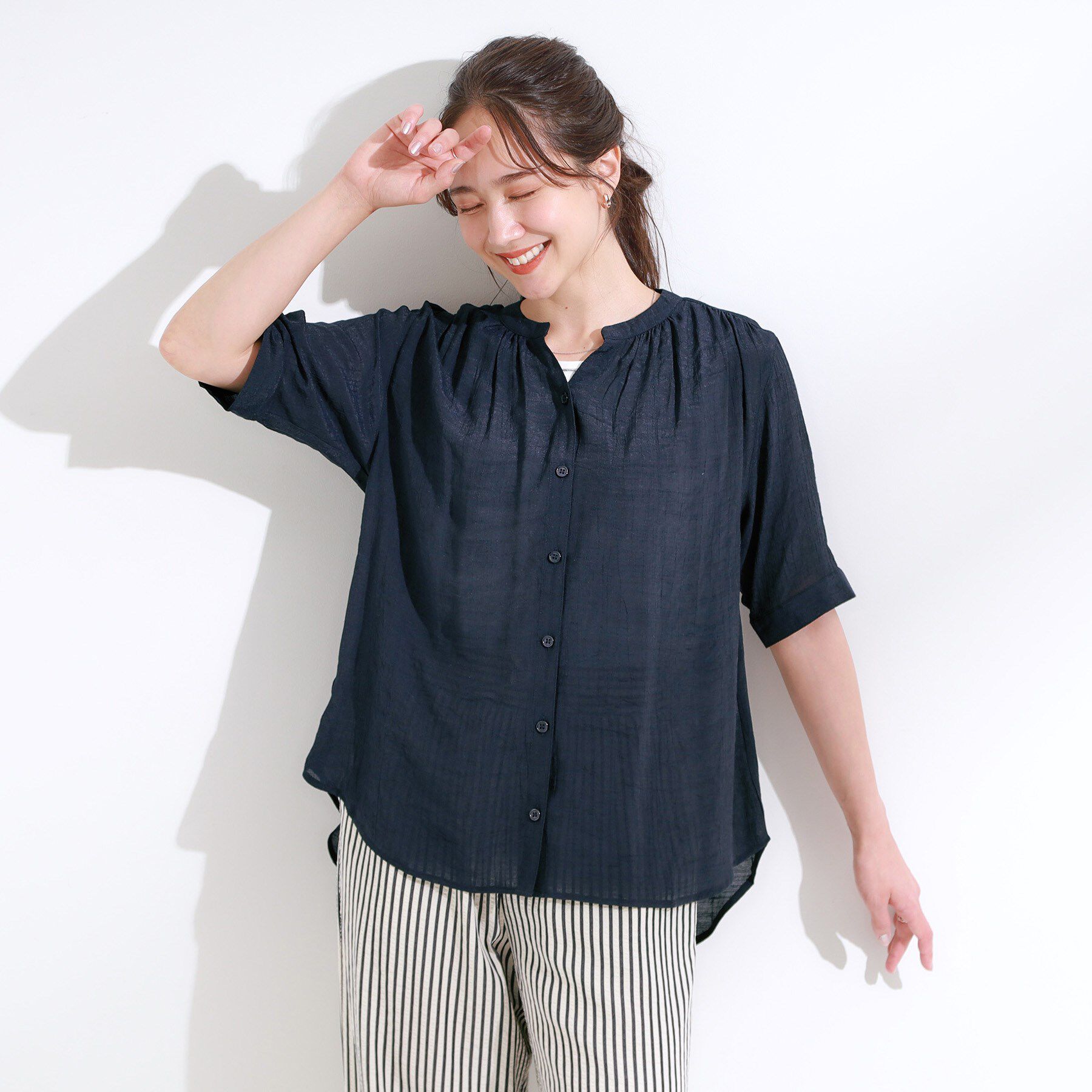 SHOO･LA･RUE「【S-LL/2点セット】着るだけでコーデが決まる 麻調5分袖ブラウス＋タンクトップ」|シャツ・ブラウス|